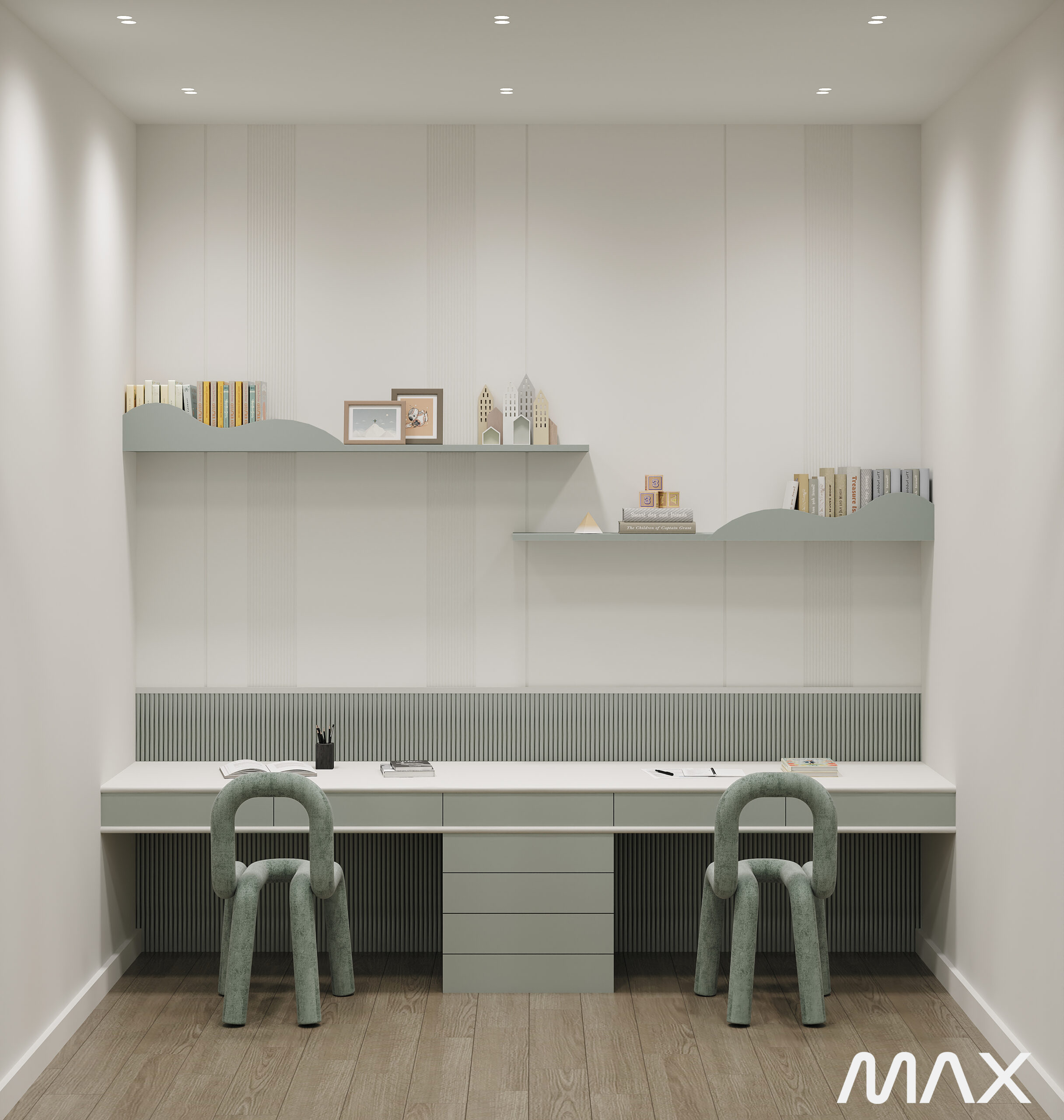 Minimalist study area with modern chairs.