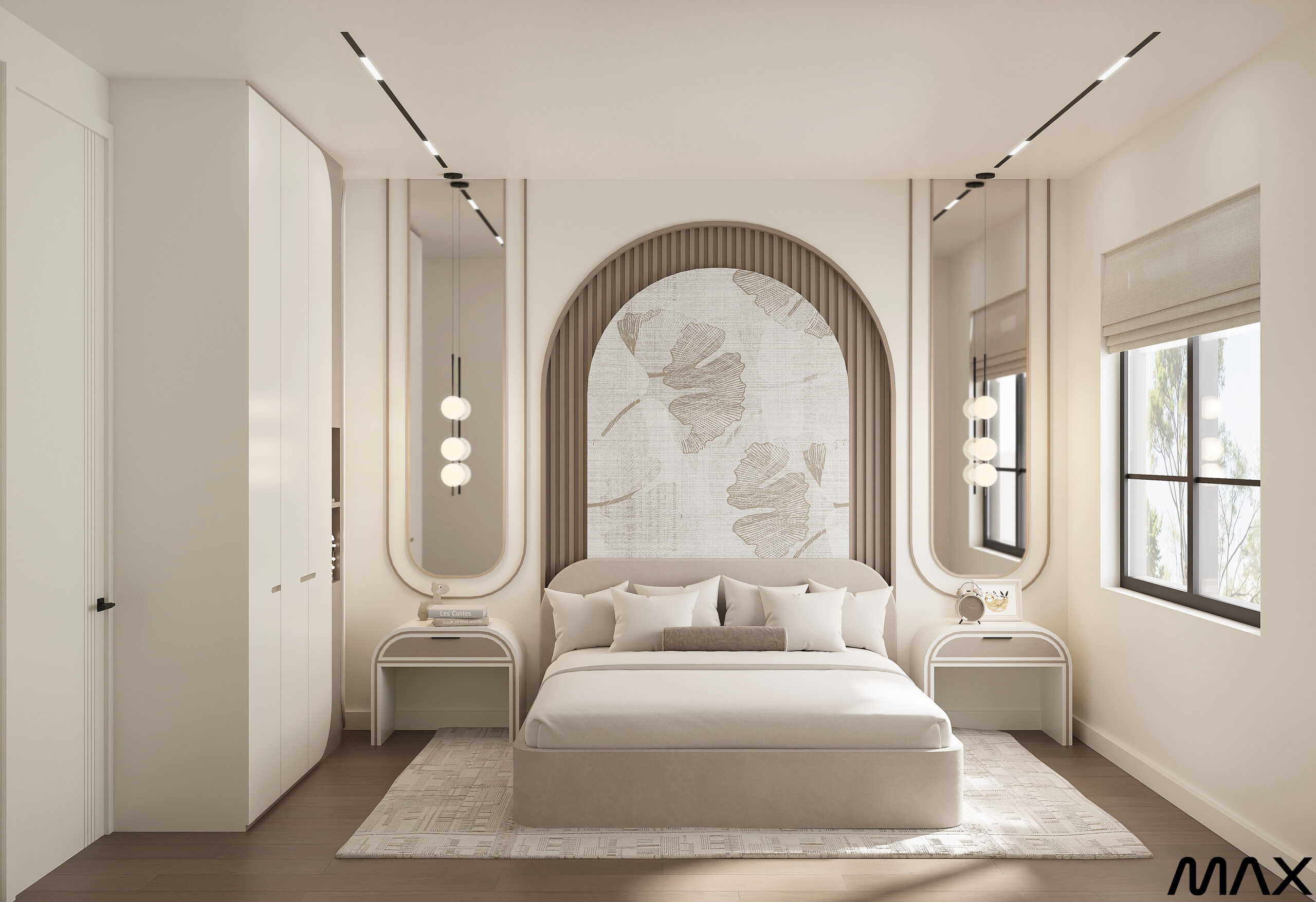 Modern minimalist bedroom with neutral tones.