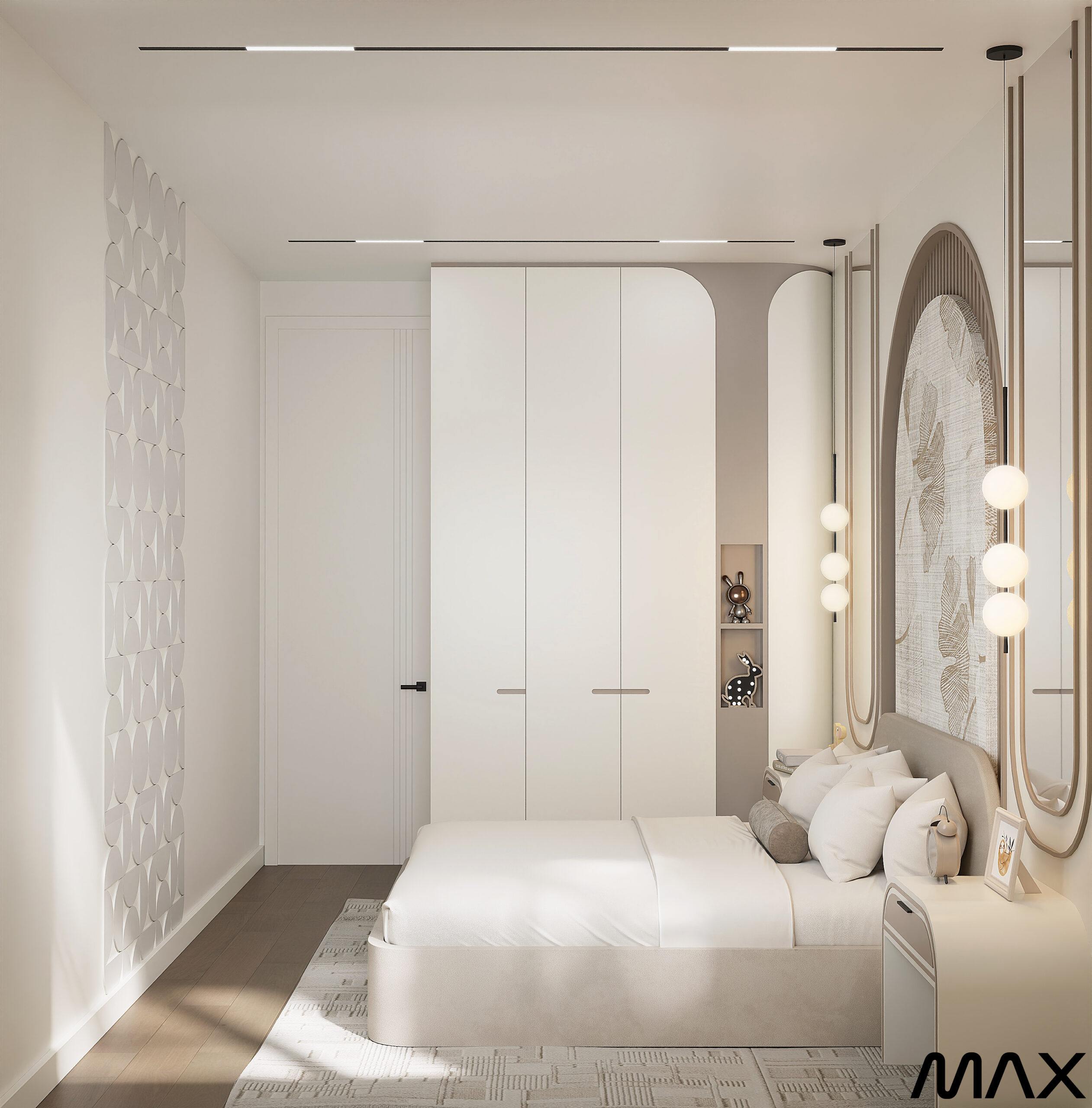 Modern white bedroom with elegant decor.
