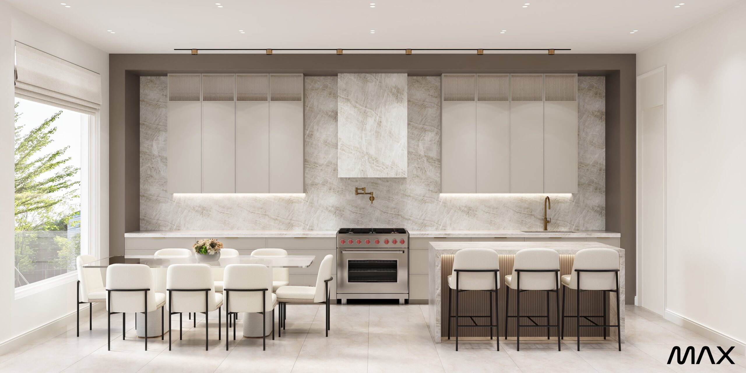 Modern kitchen with dining and bar area.