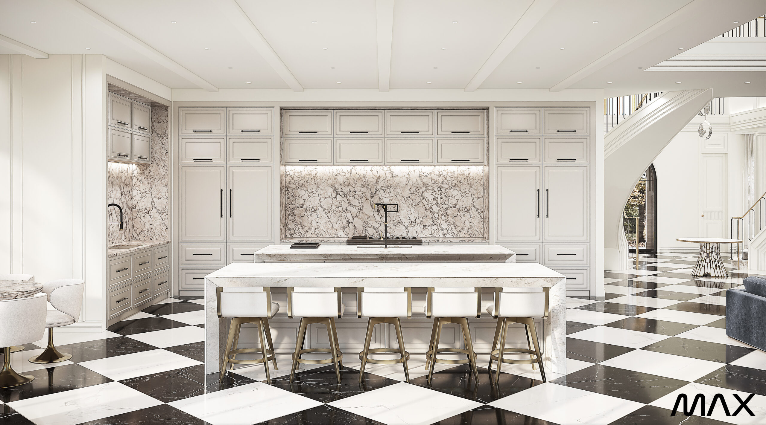 Luxurious kitchen with marble island and chairs.