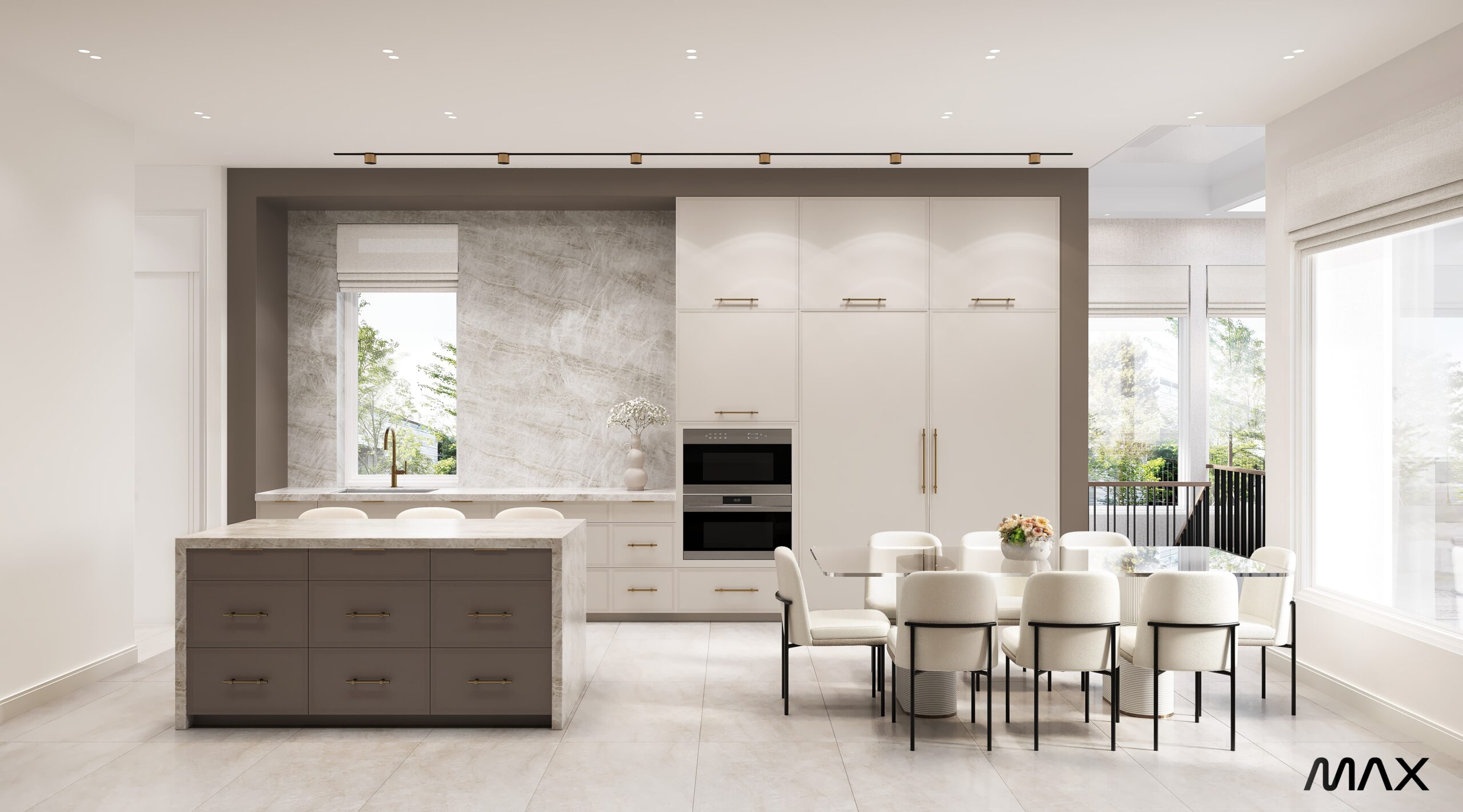 Modern kitchen with island and dining area.