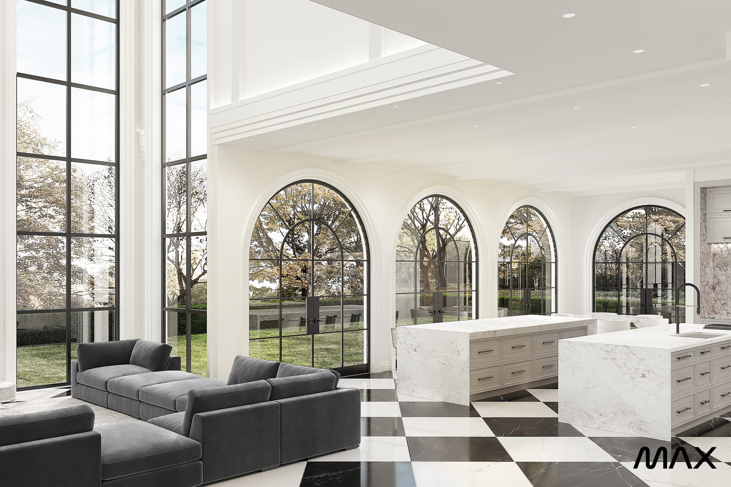 Spacious modern living room with large windows.