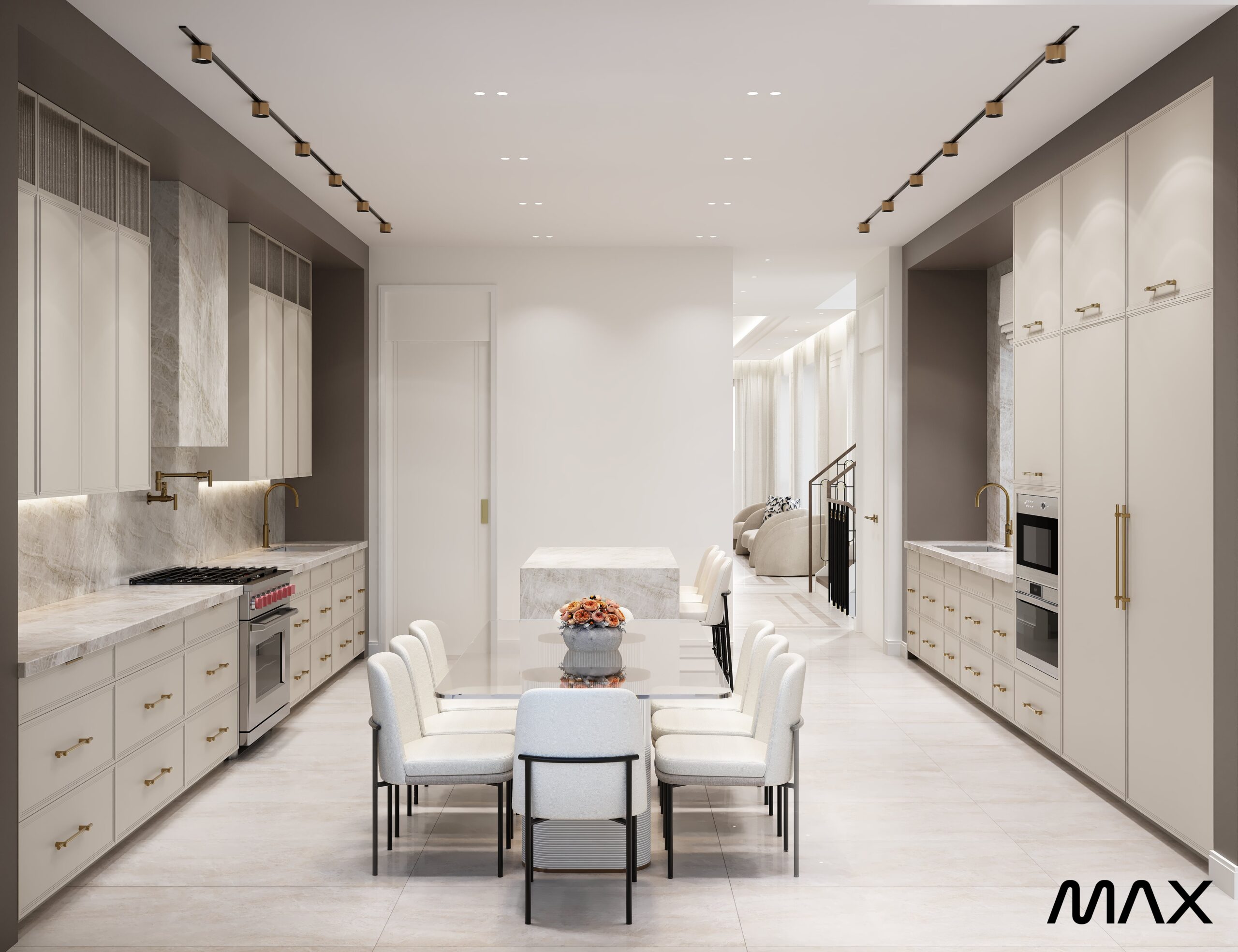 Modern kitchen with dining table and chairs.