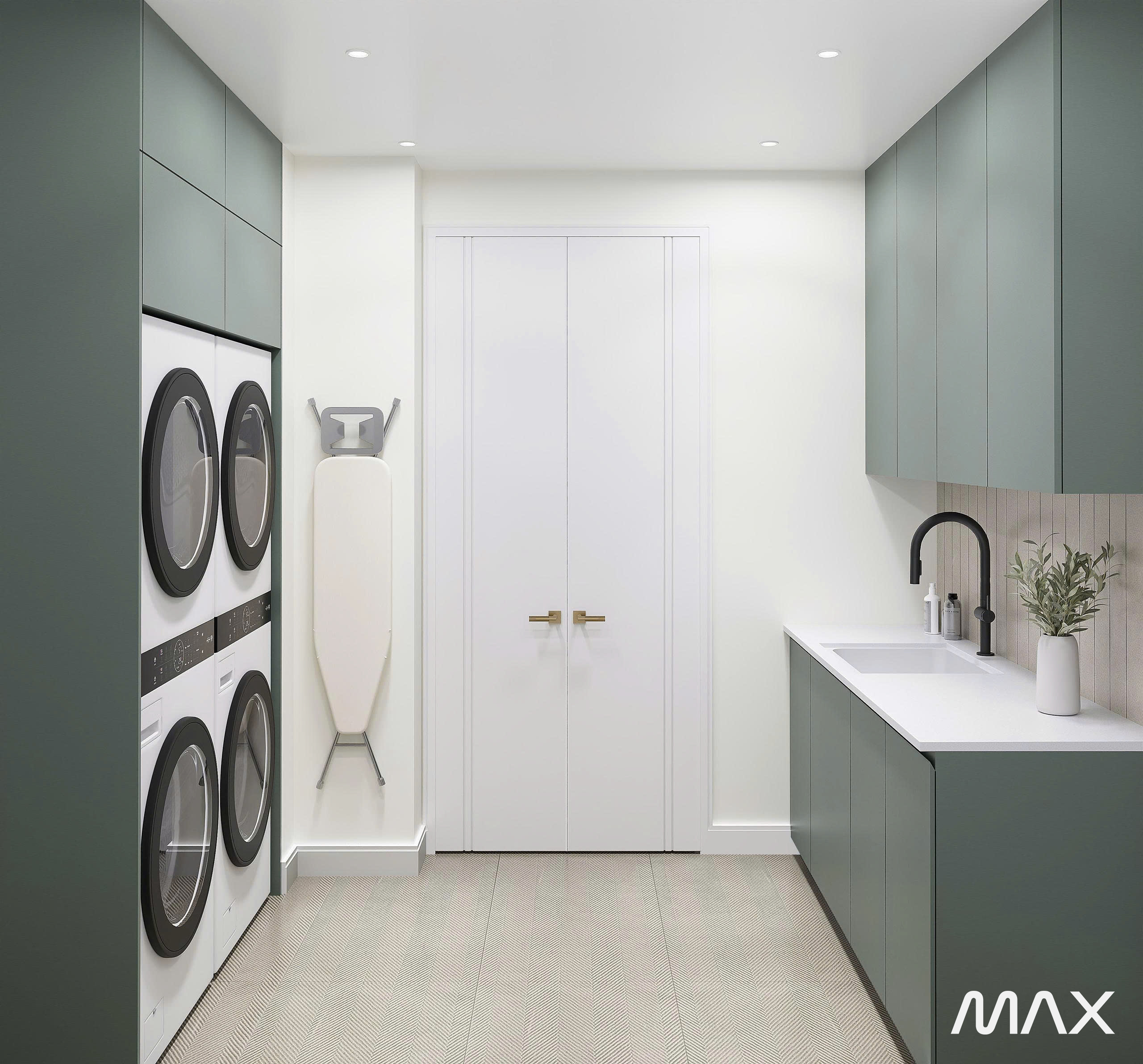Modern laundry room with stacked appliances.