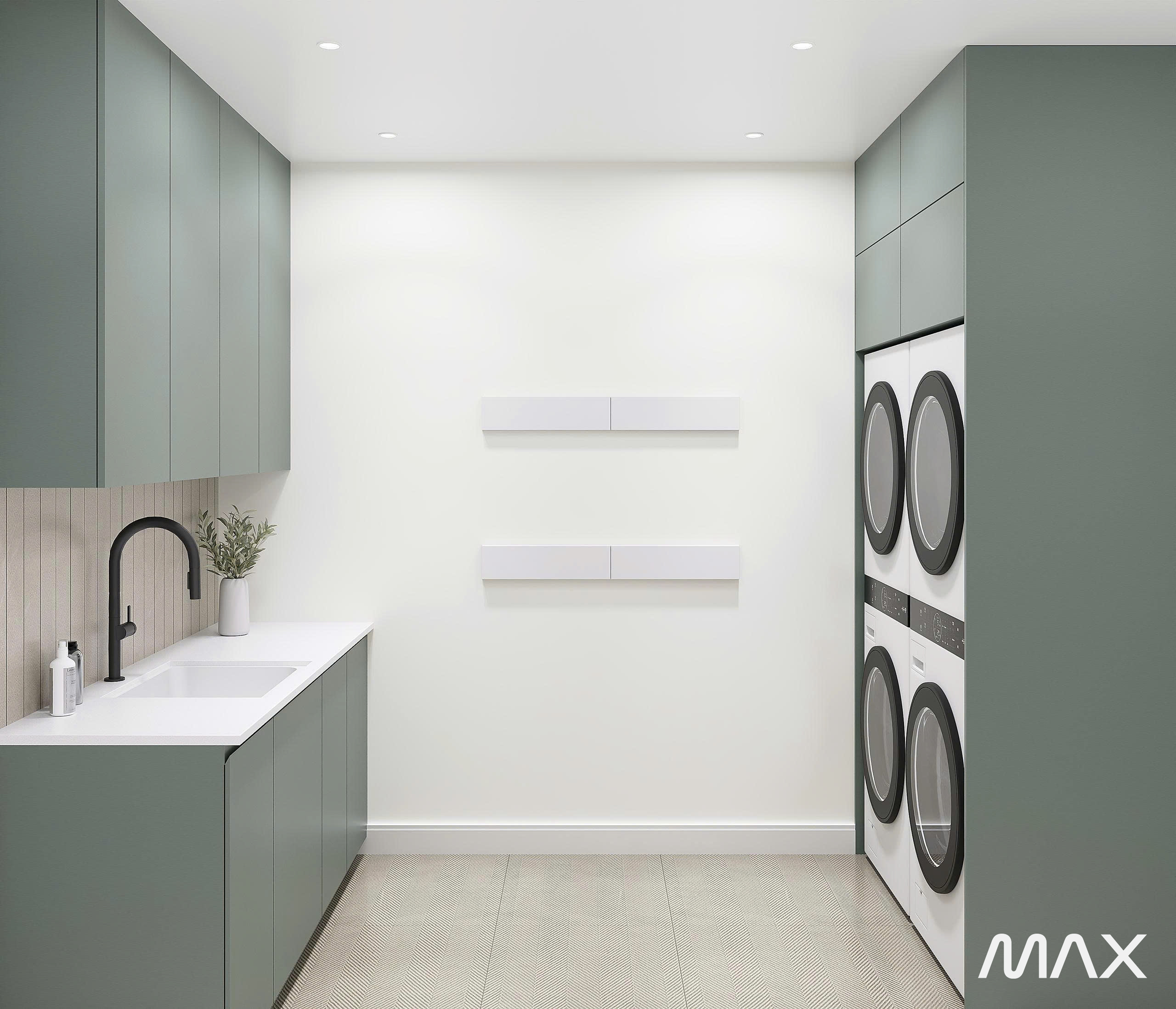 Modern laundry room with stacked washer and dryer.