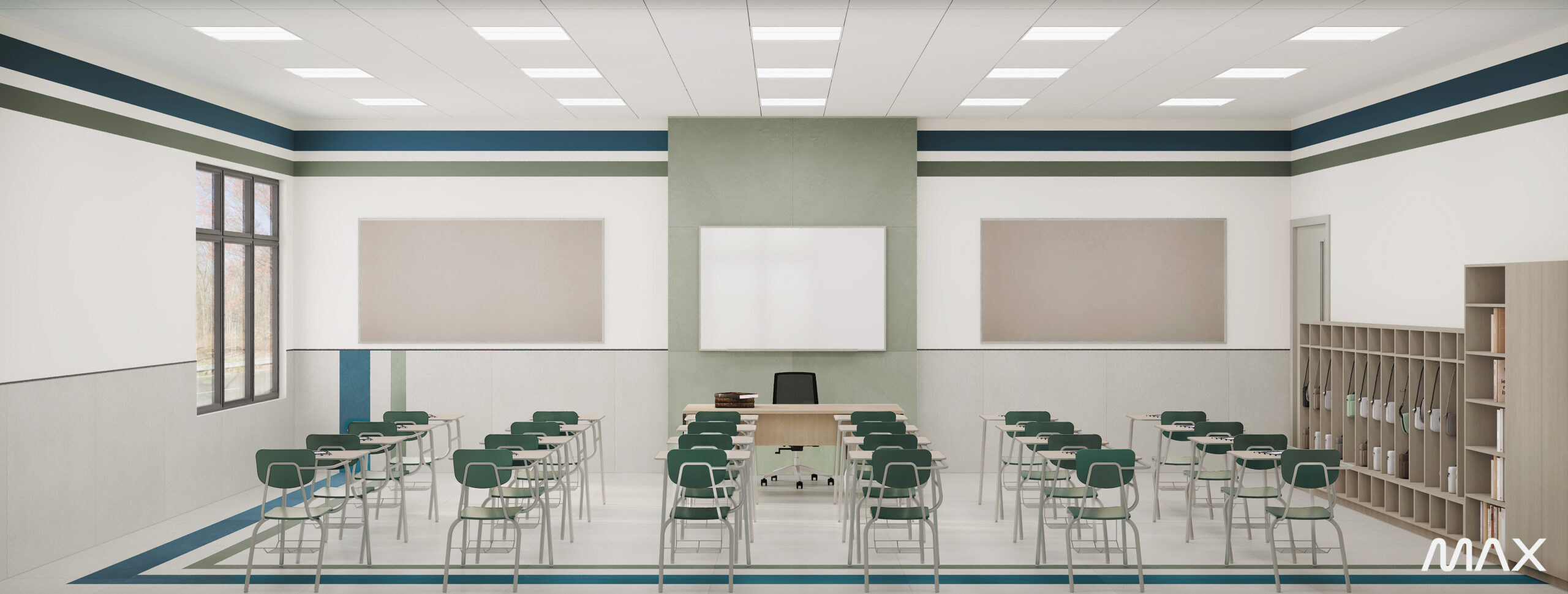 Empty classroom with desks and a projector.