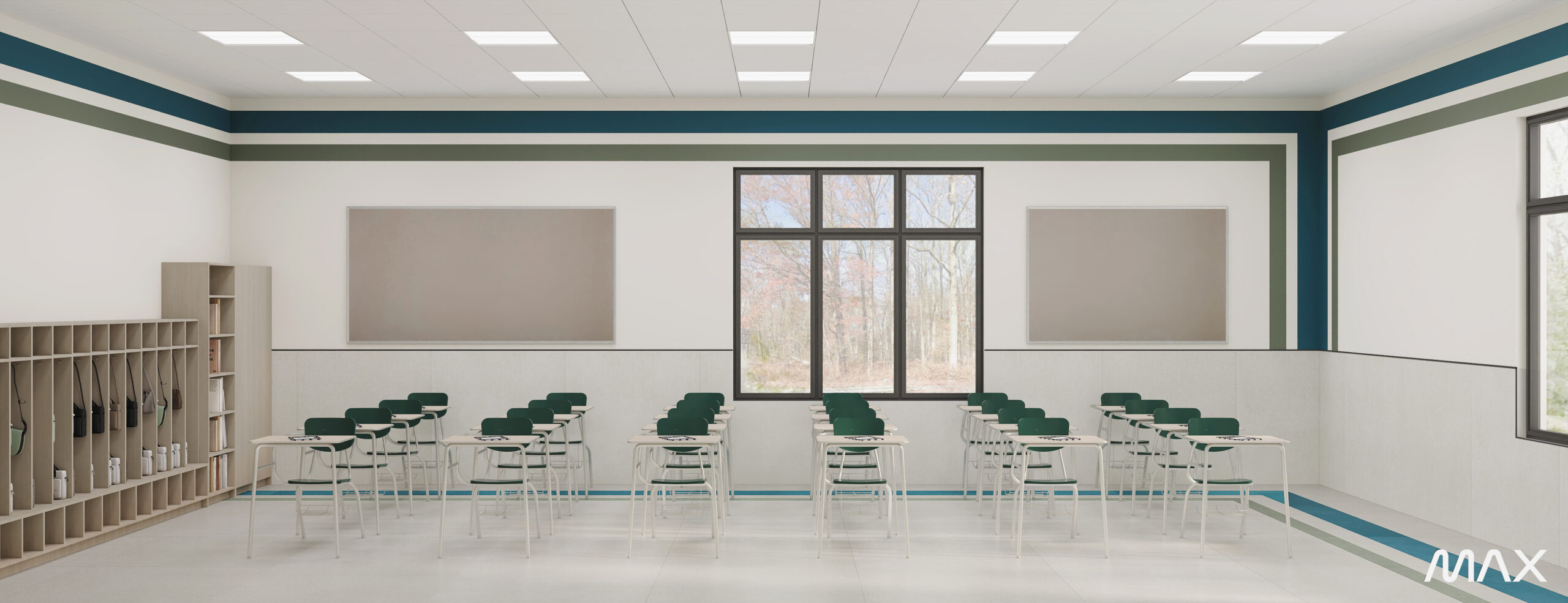 Modern classroom with rows of empty chairs.