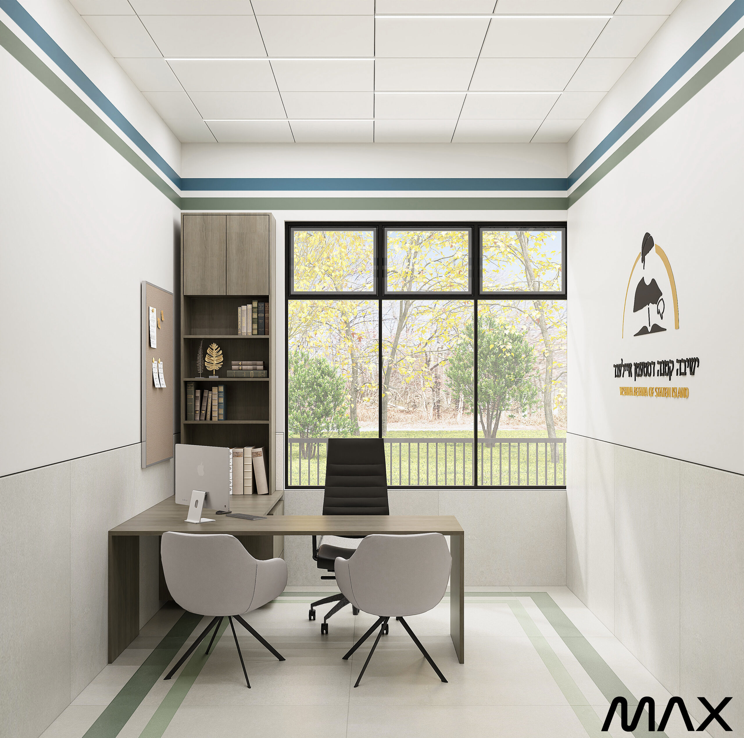Modern office with large window view.