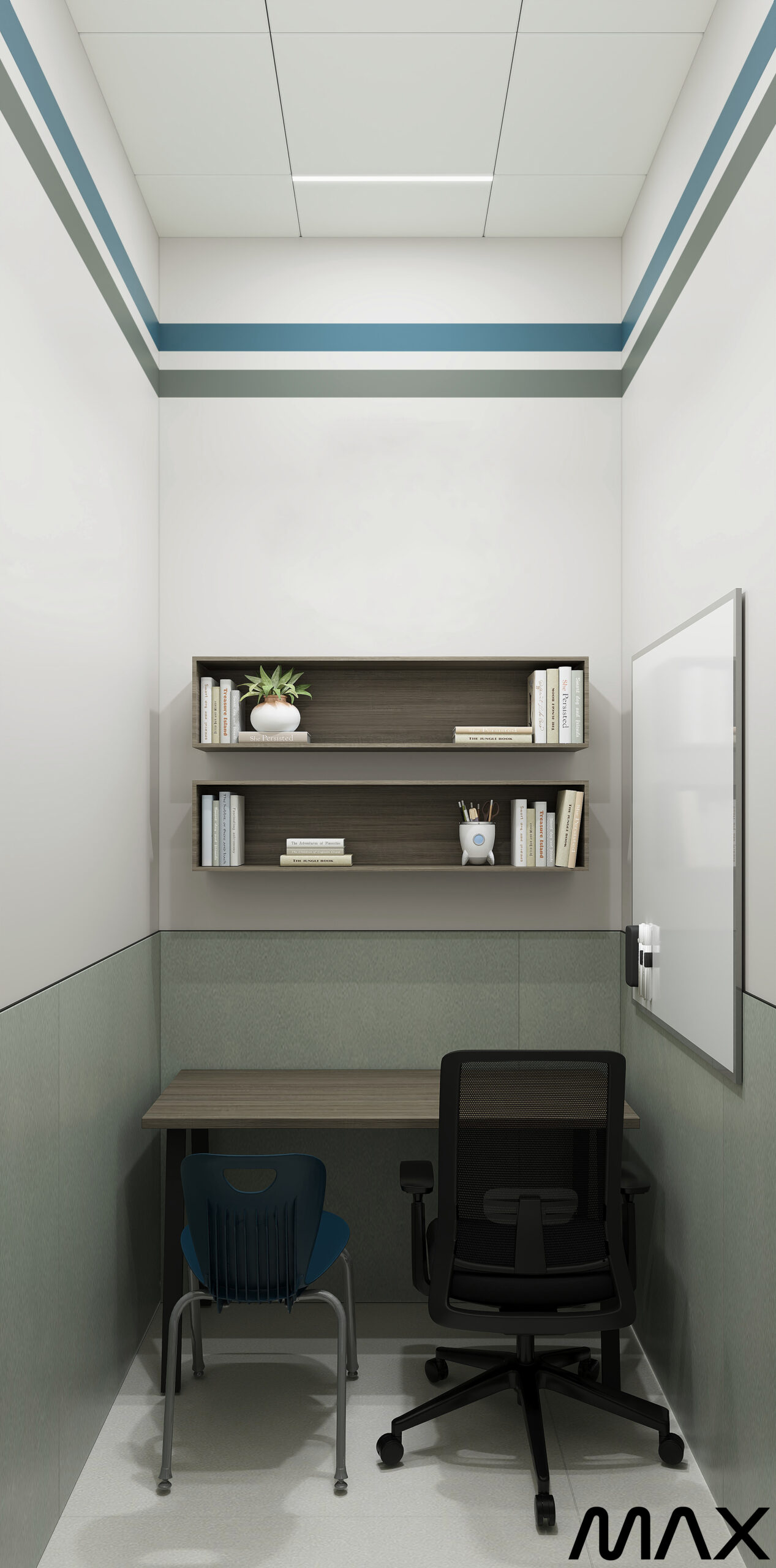 Small study room with desk and chairs.