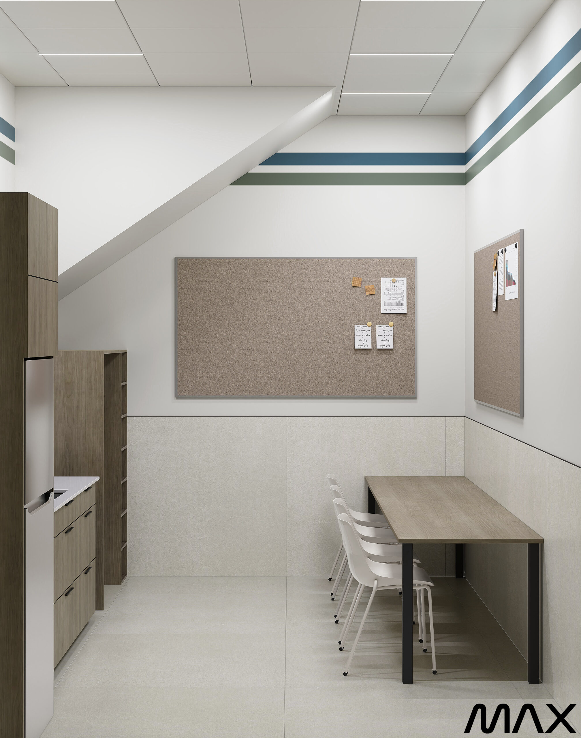 Modern office break room with bulletin boards.