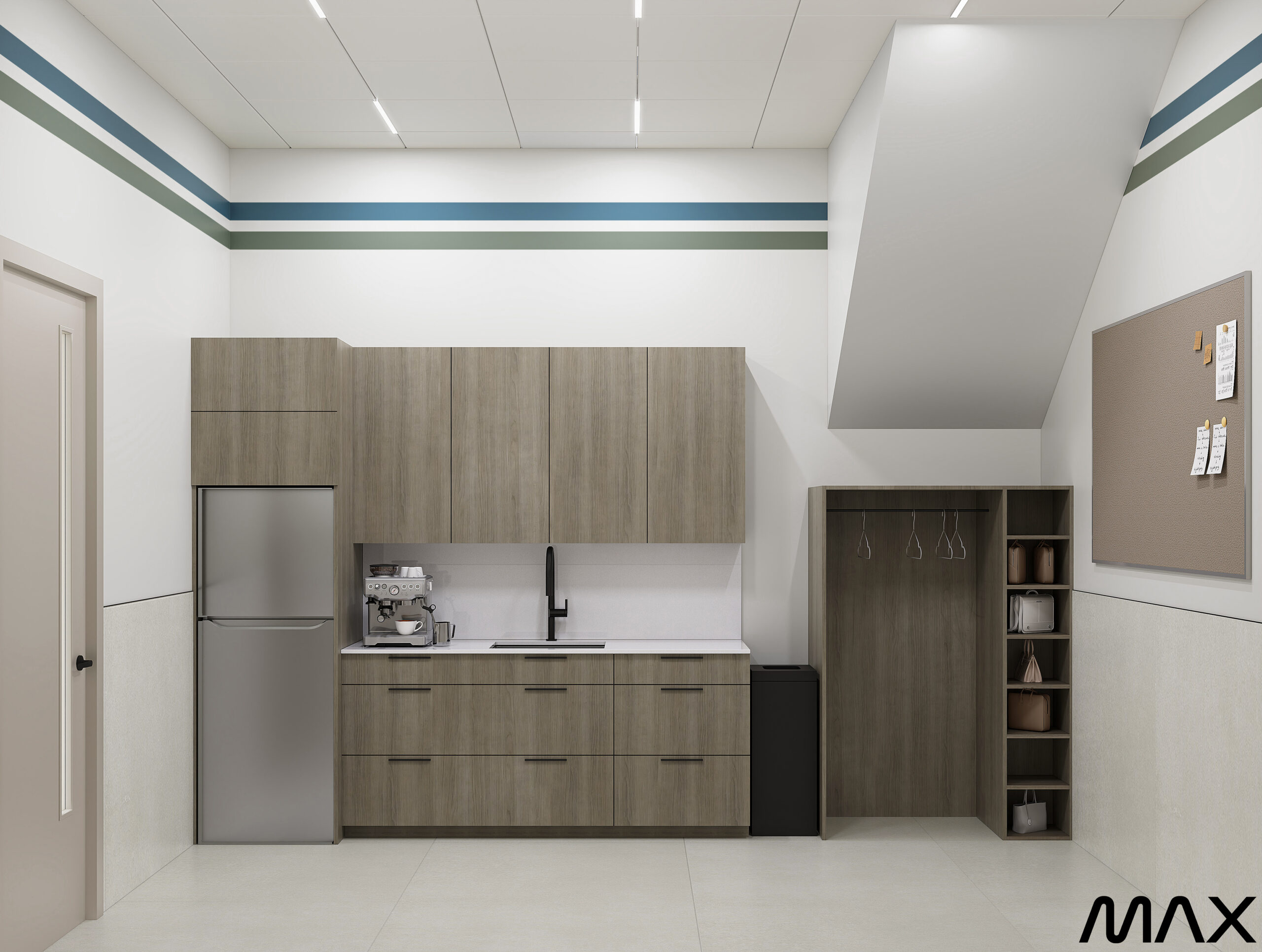 Modern kitchen with cabinets and appliances.