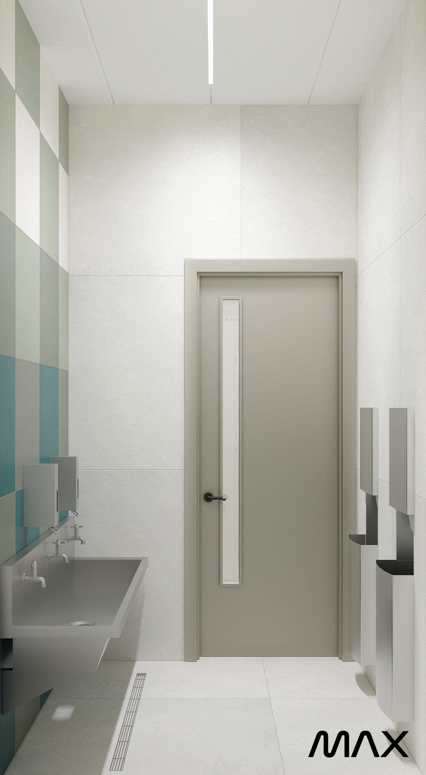 Modern bathroom with sinks and dispensers.