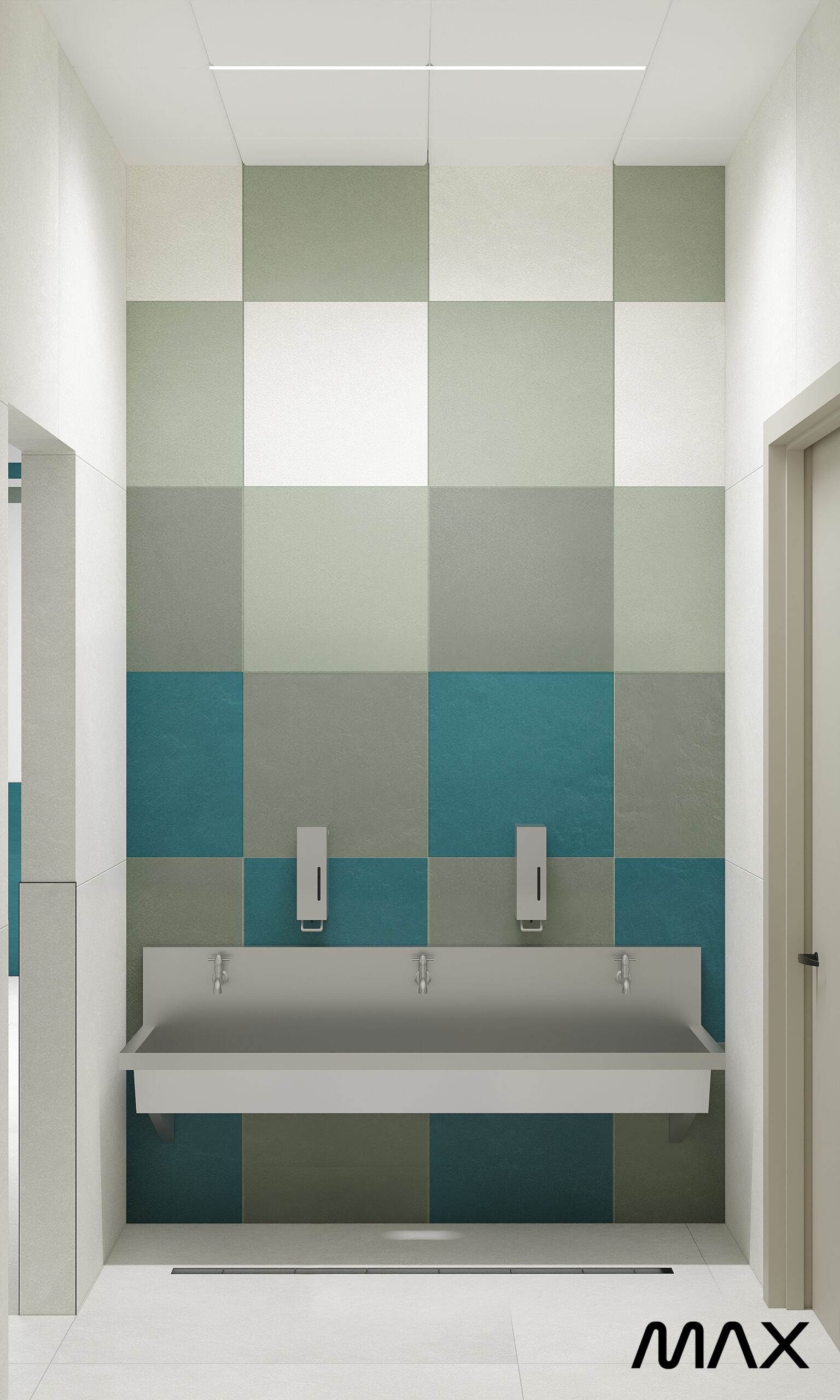 Modern bathroom with geometric wall tiles.