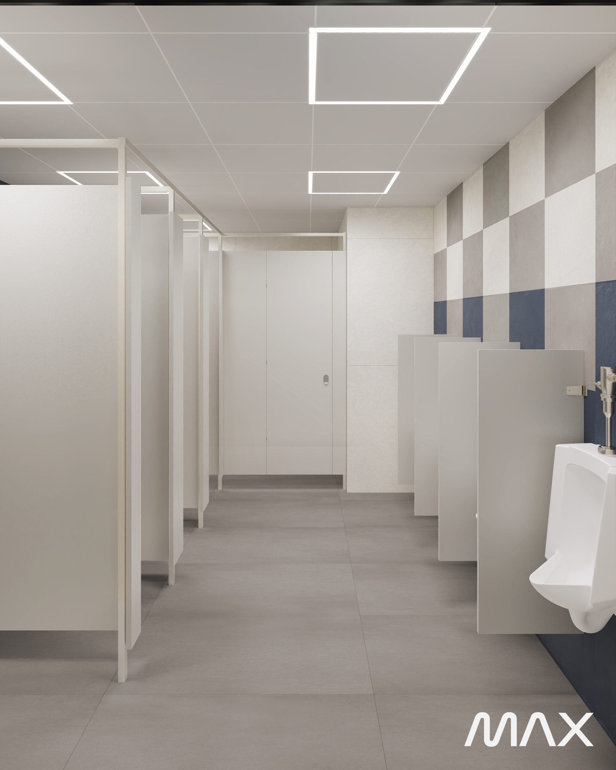 Modern public restroom with stalls and urinals.