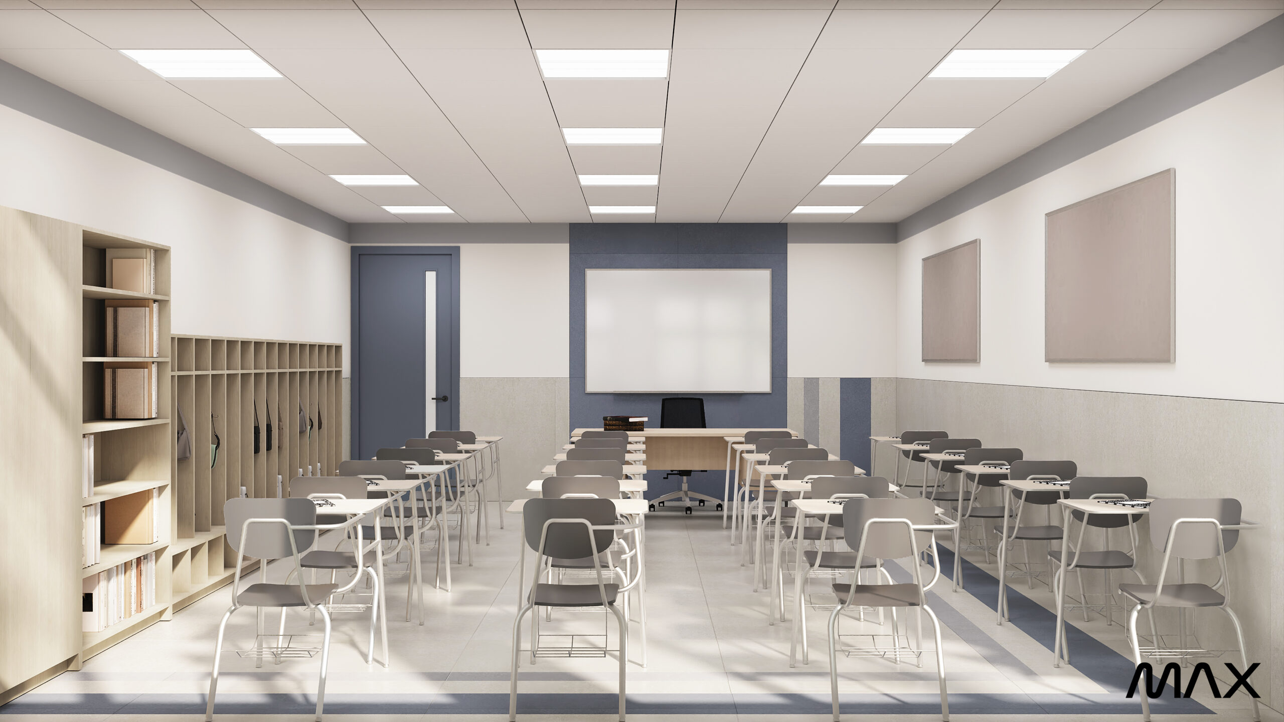 Empty classroom with chairs and whiteboard.