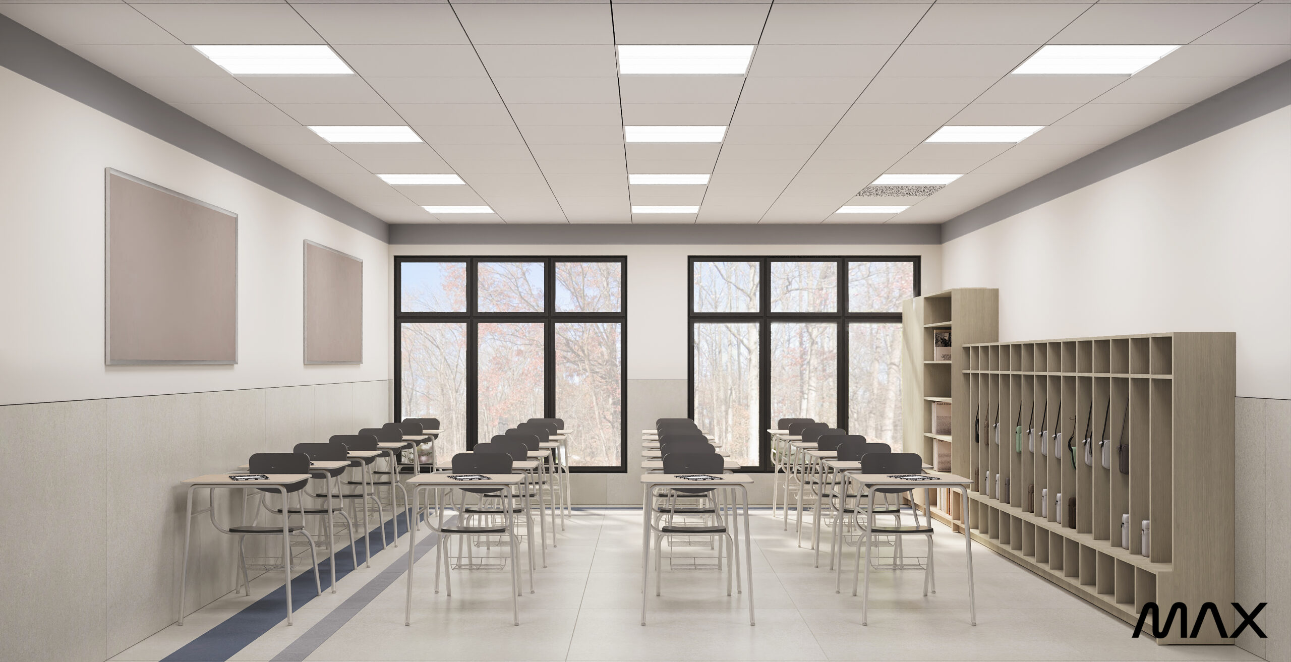 Modern classroom with desks and large windows.