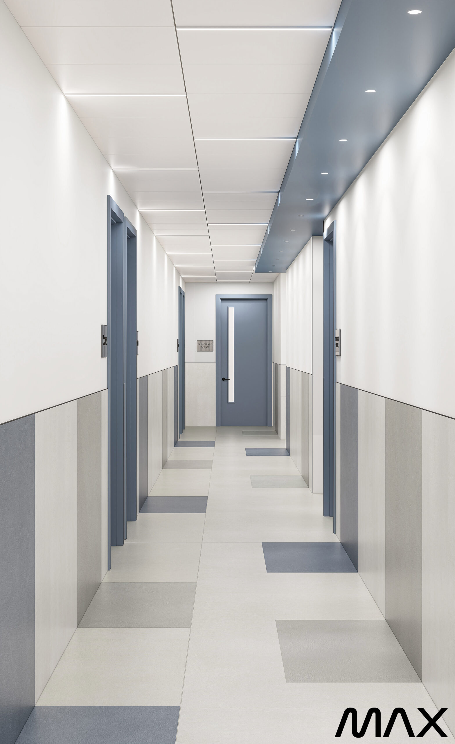 Modern hallway with blue doors and panels.