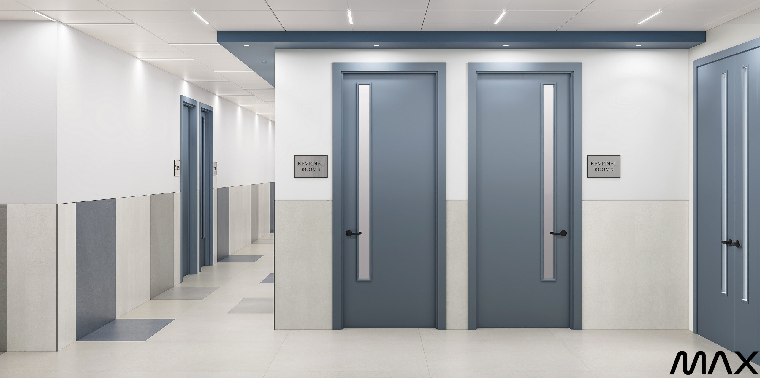 Hallway with blue doors and signs.