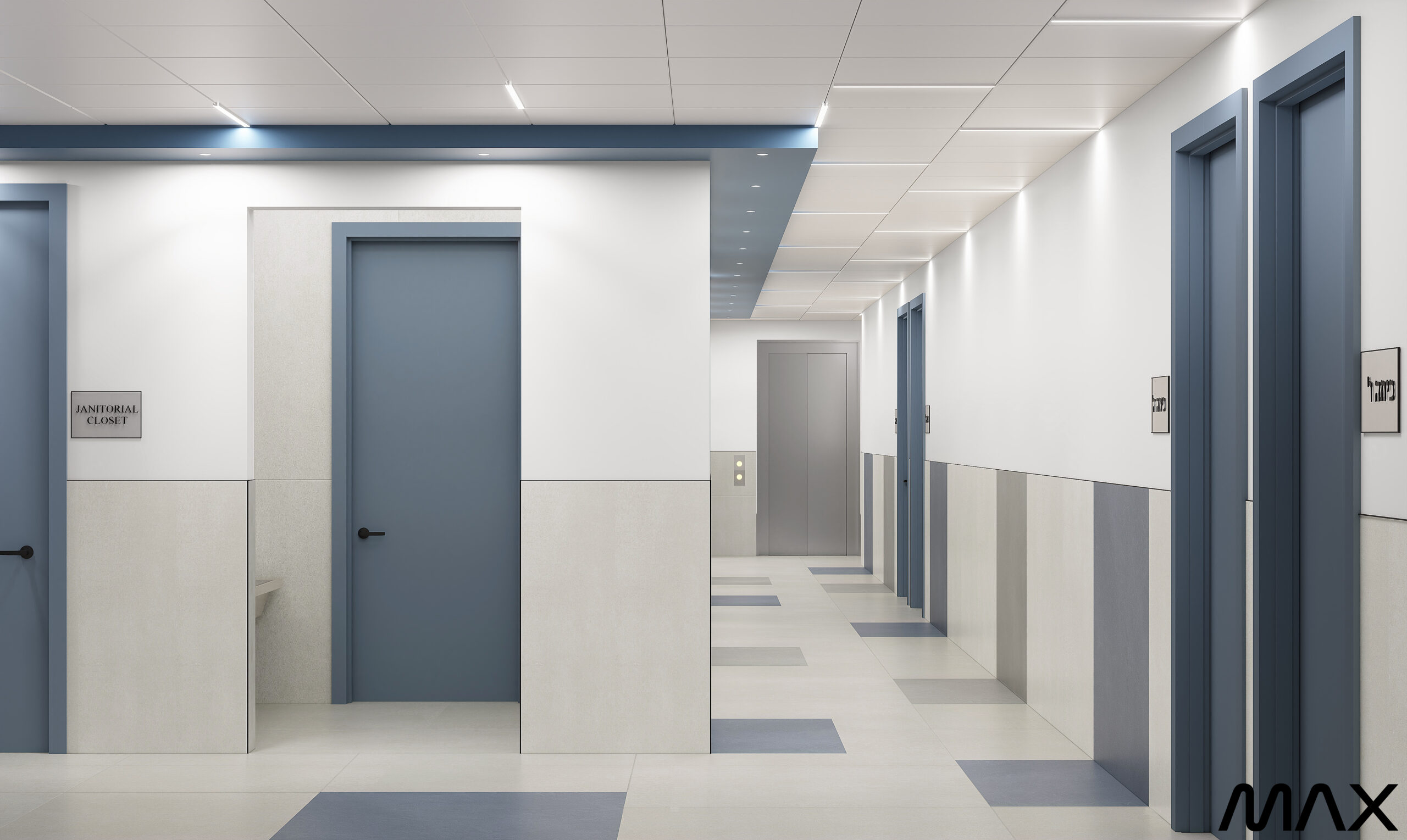 Modern hallway with blue and white doors.