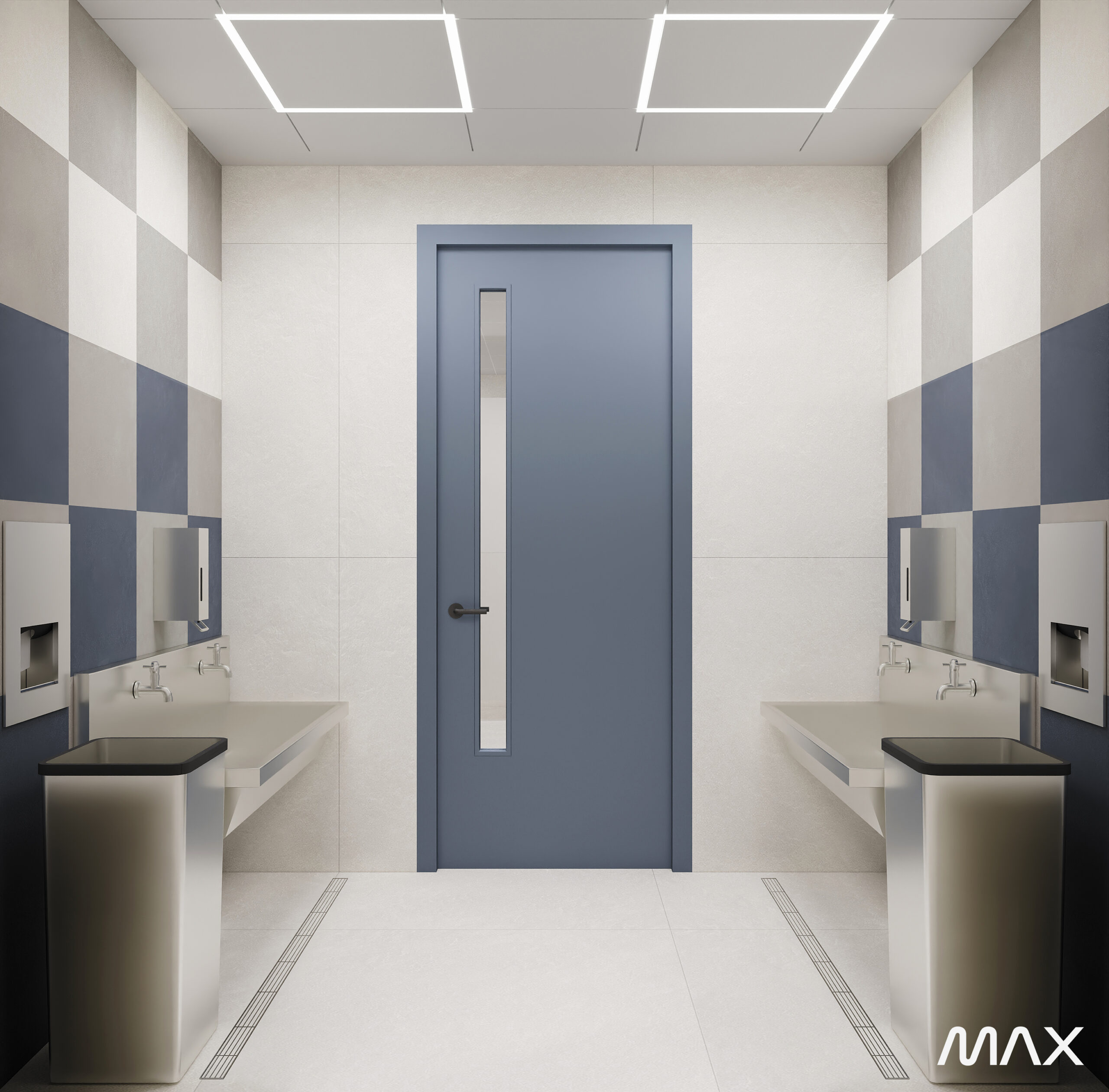 Modern restroom with blue door and sinks.