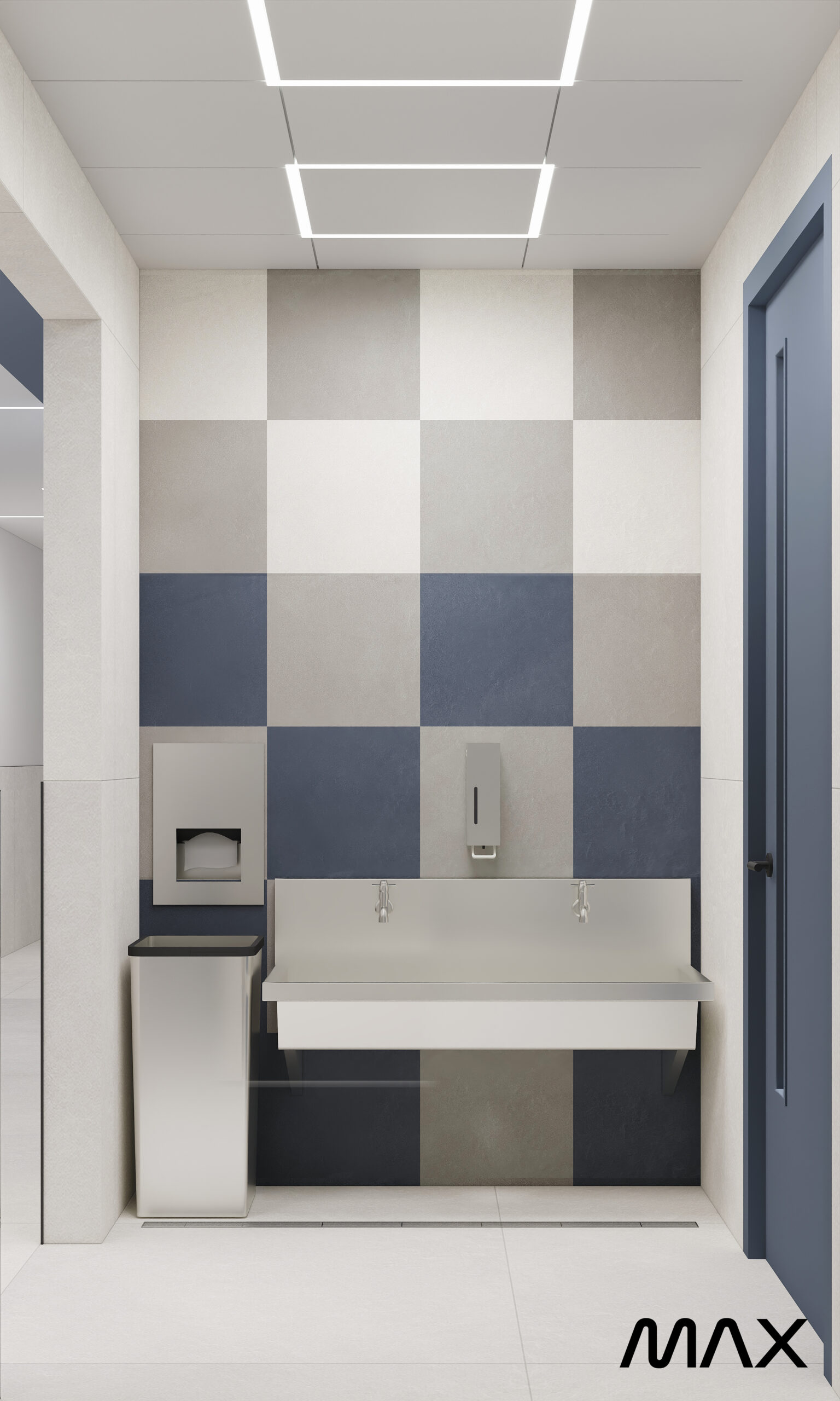 Modern bathroom with geometric tile design.