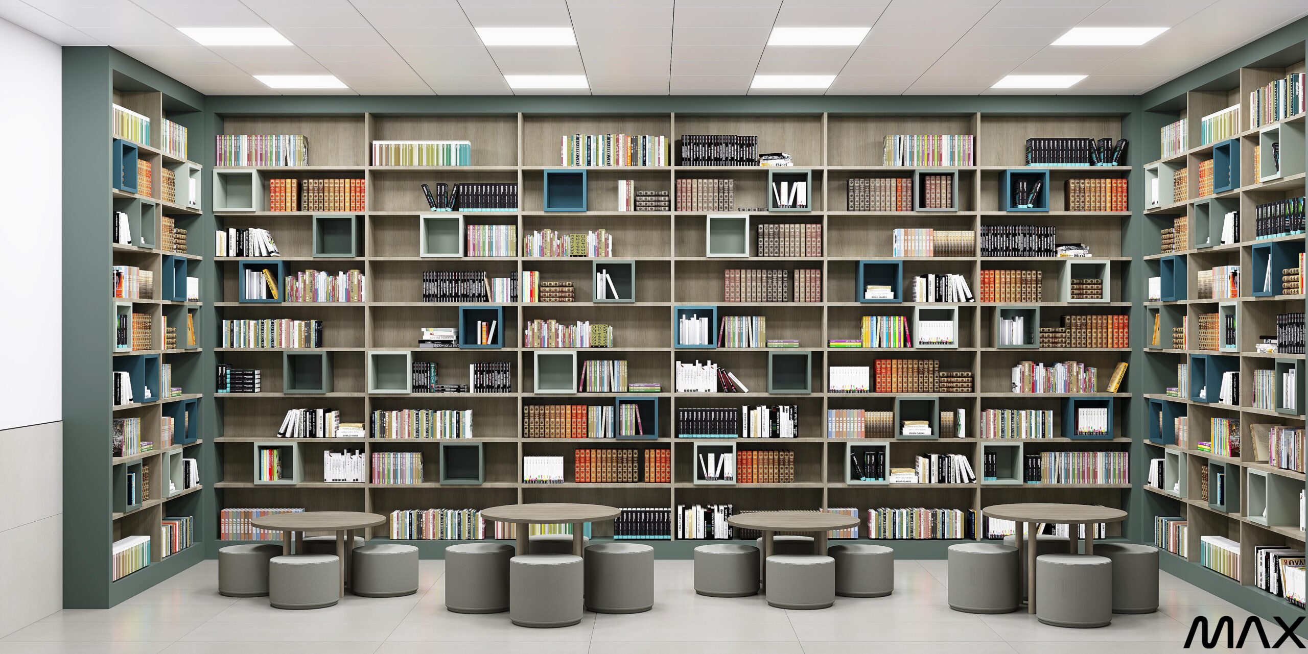 Library with bookshelves and round stools.