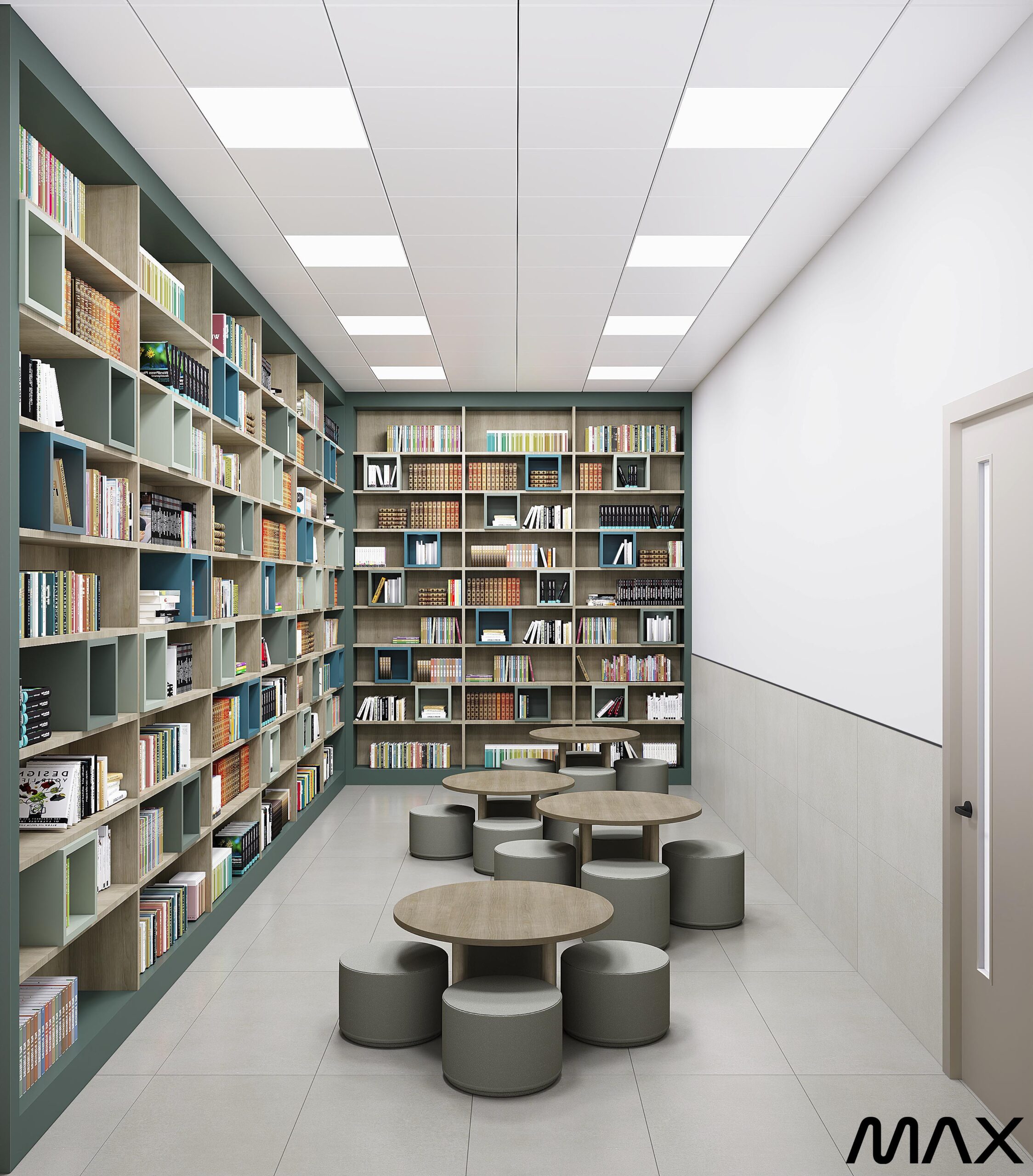 Modern library with bookshelves and seating area.