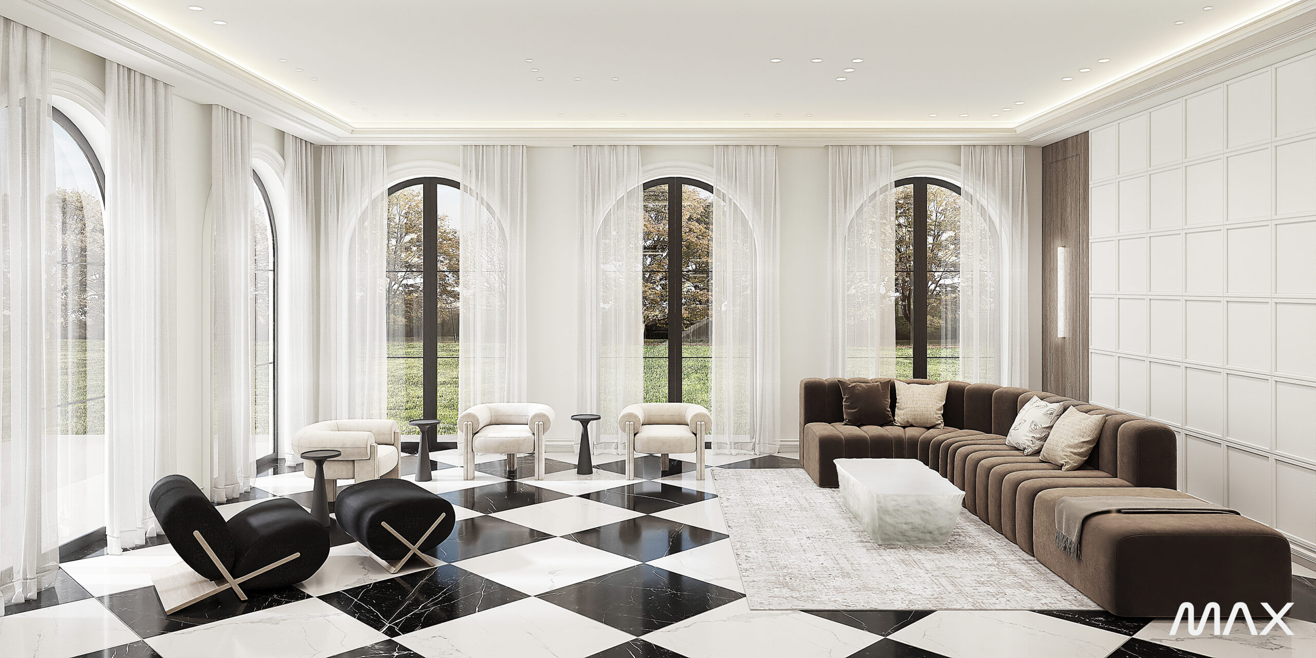 Luxurious modern living room with arched windows.