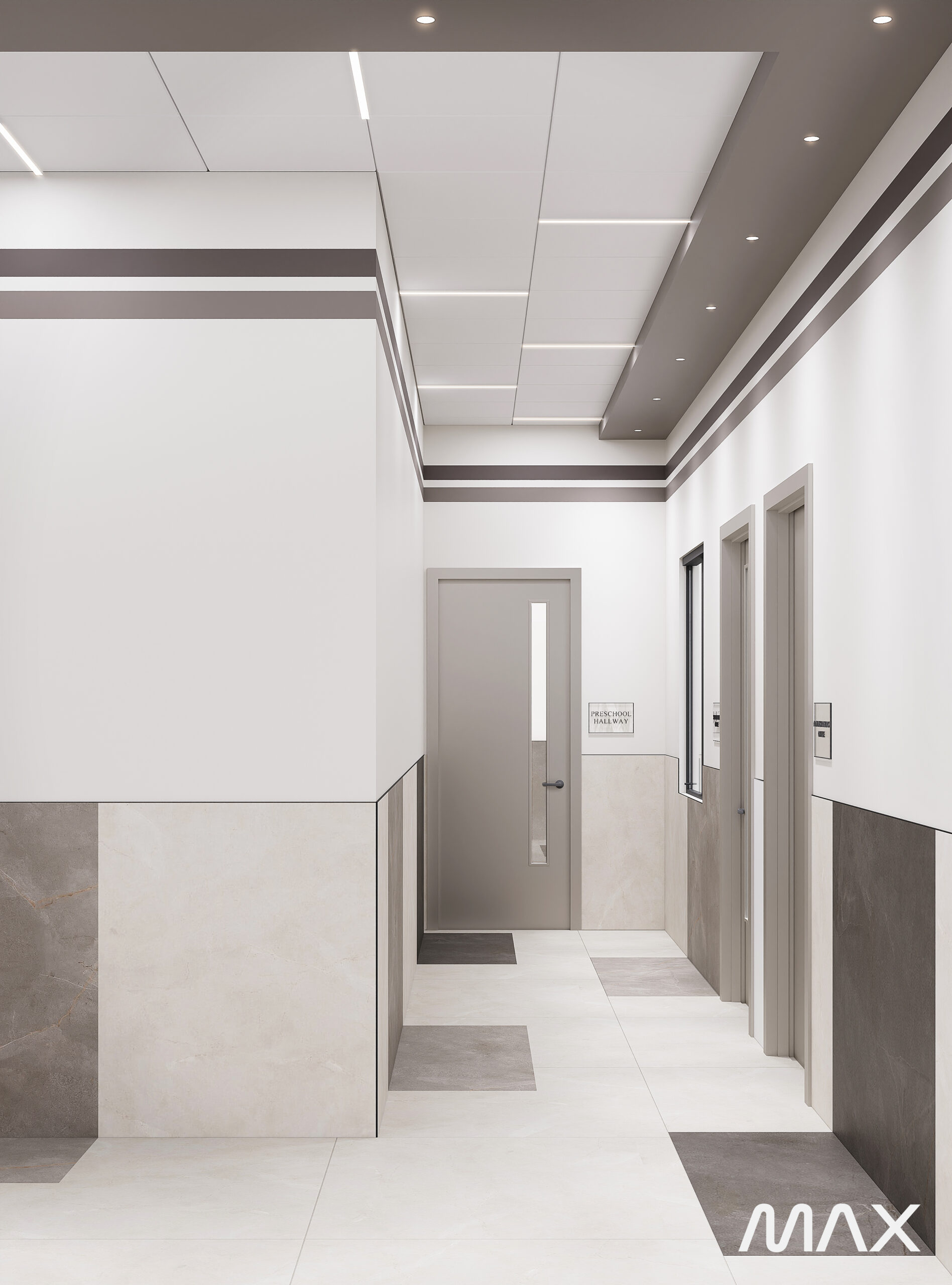 Modern hallway with doors and recessed lighting.