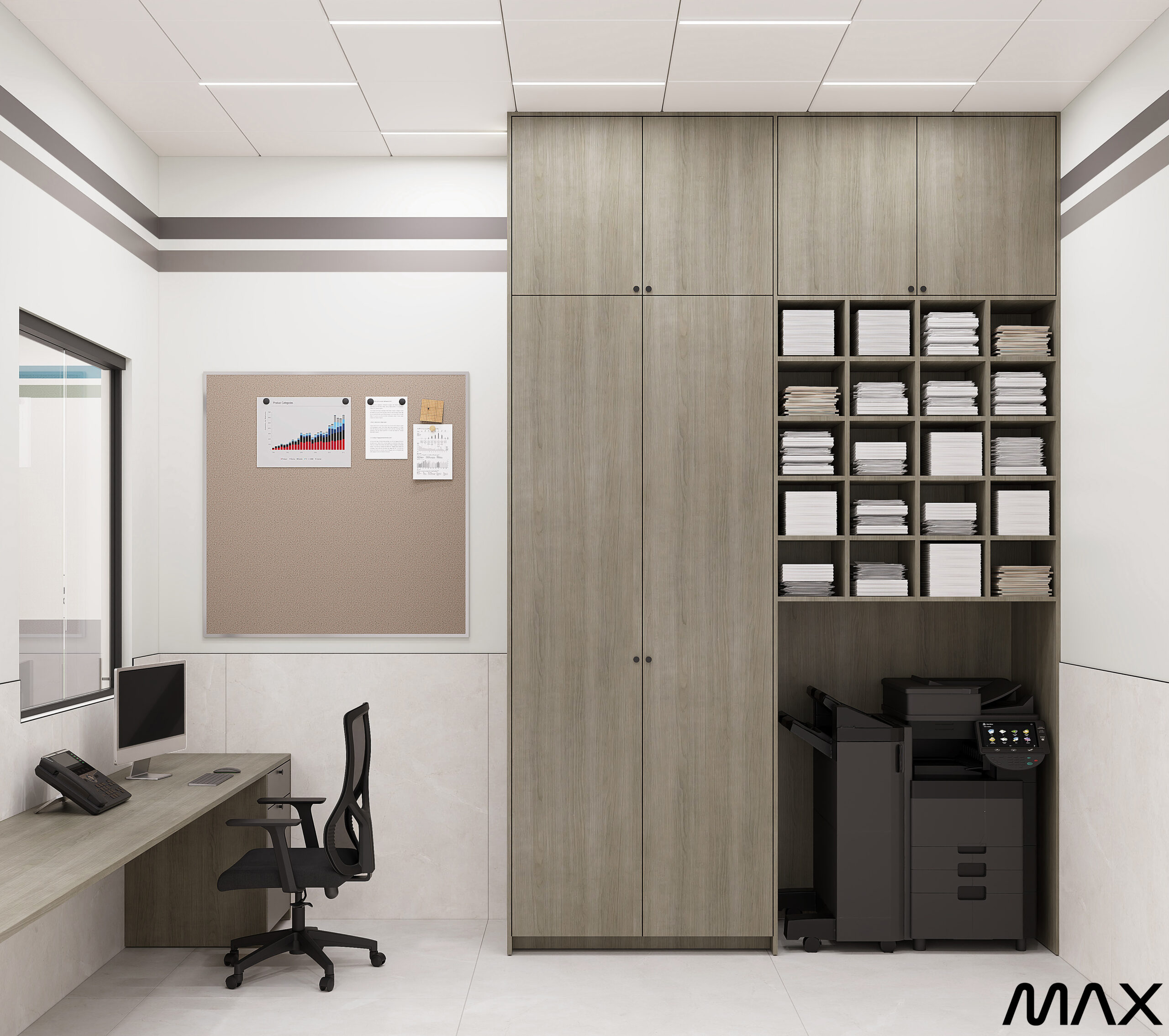 Office corner with desk and storage cabinets.