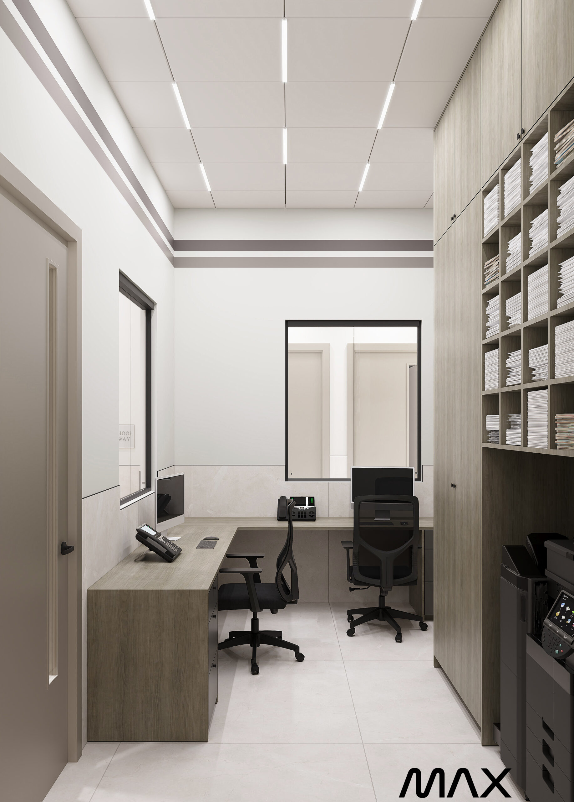 Modern minimalist office with two desks.