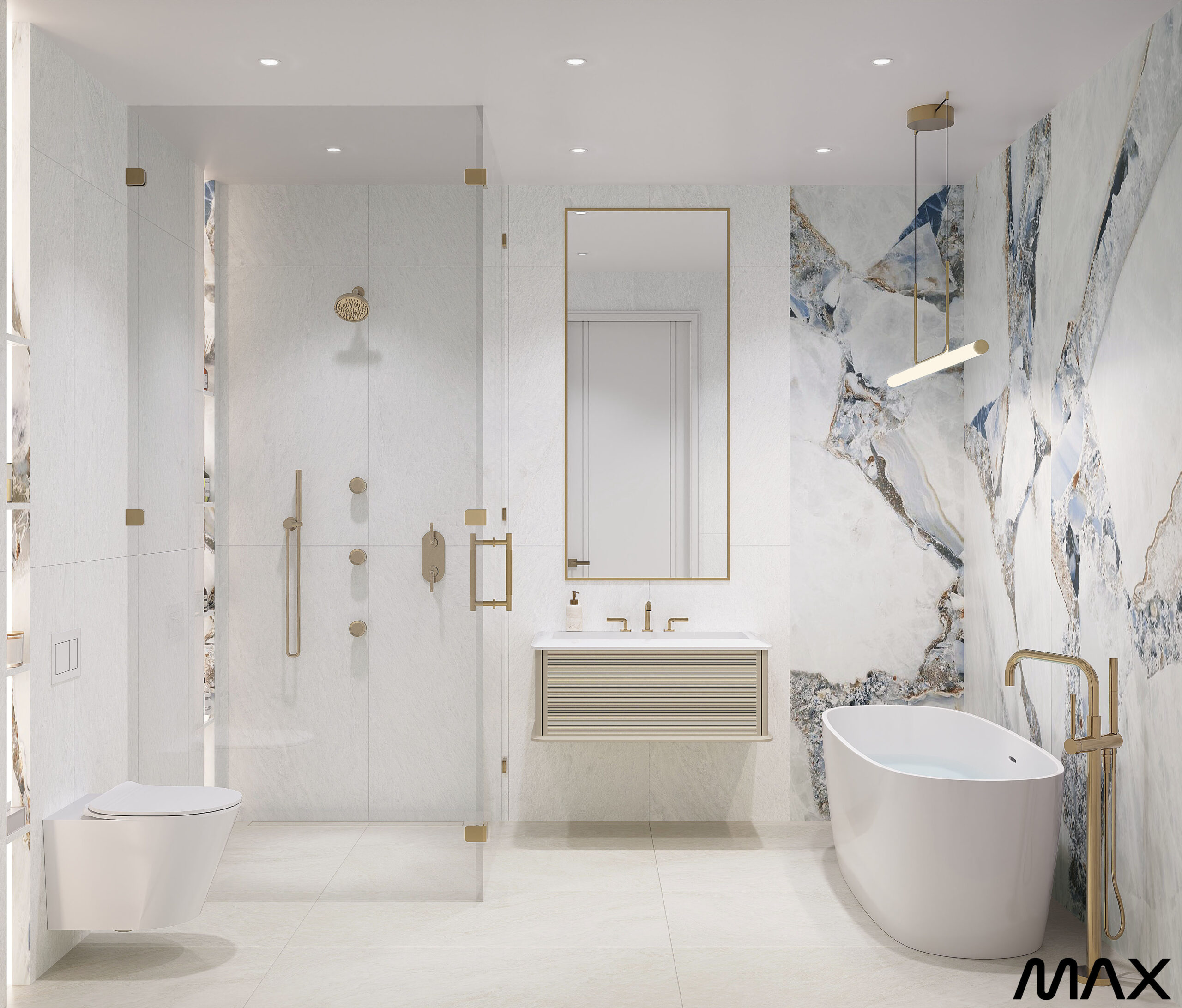 Luxurious modern bathroom with marble accents.