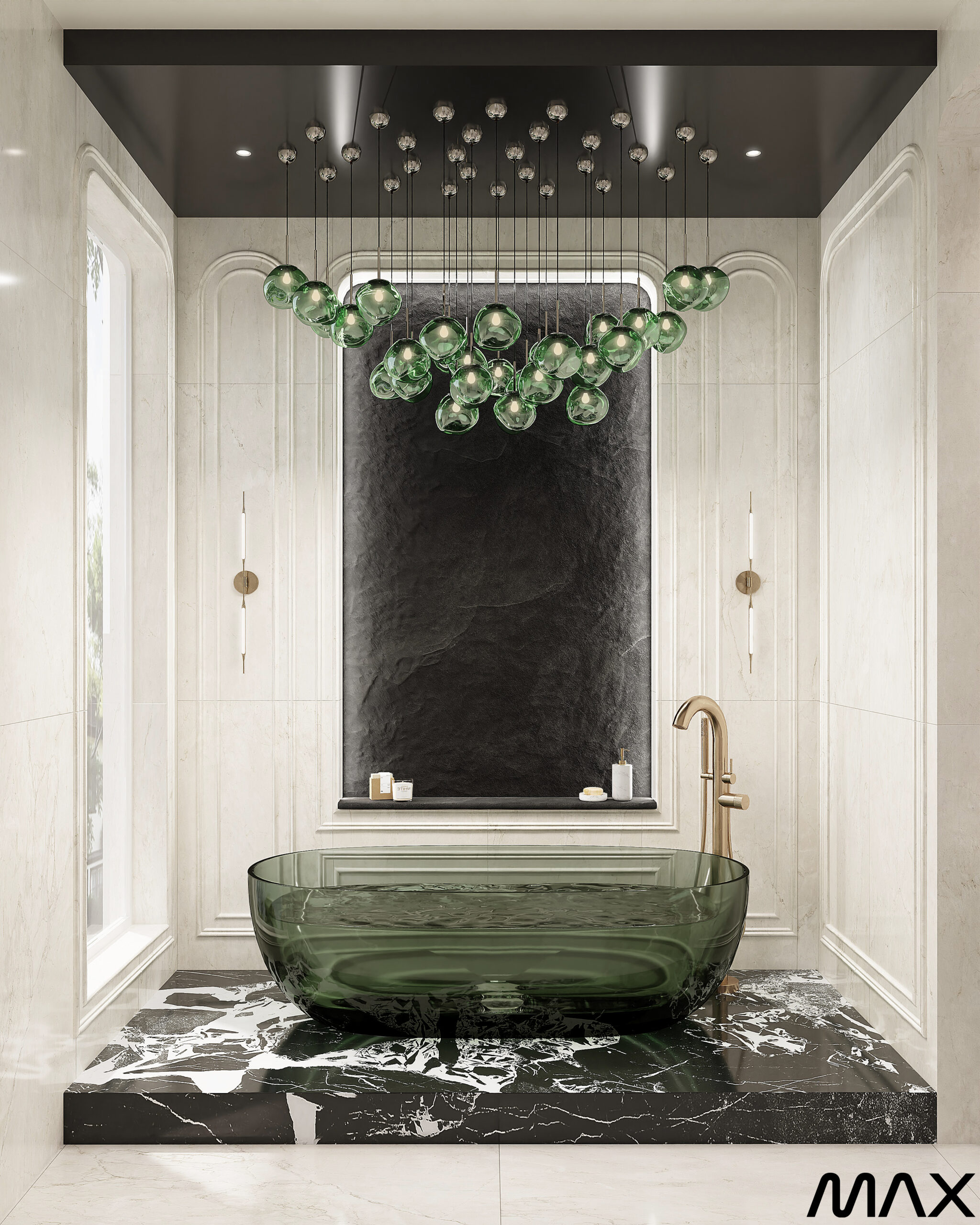 Luxurious bathroom with green glass bathtub.