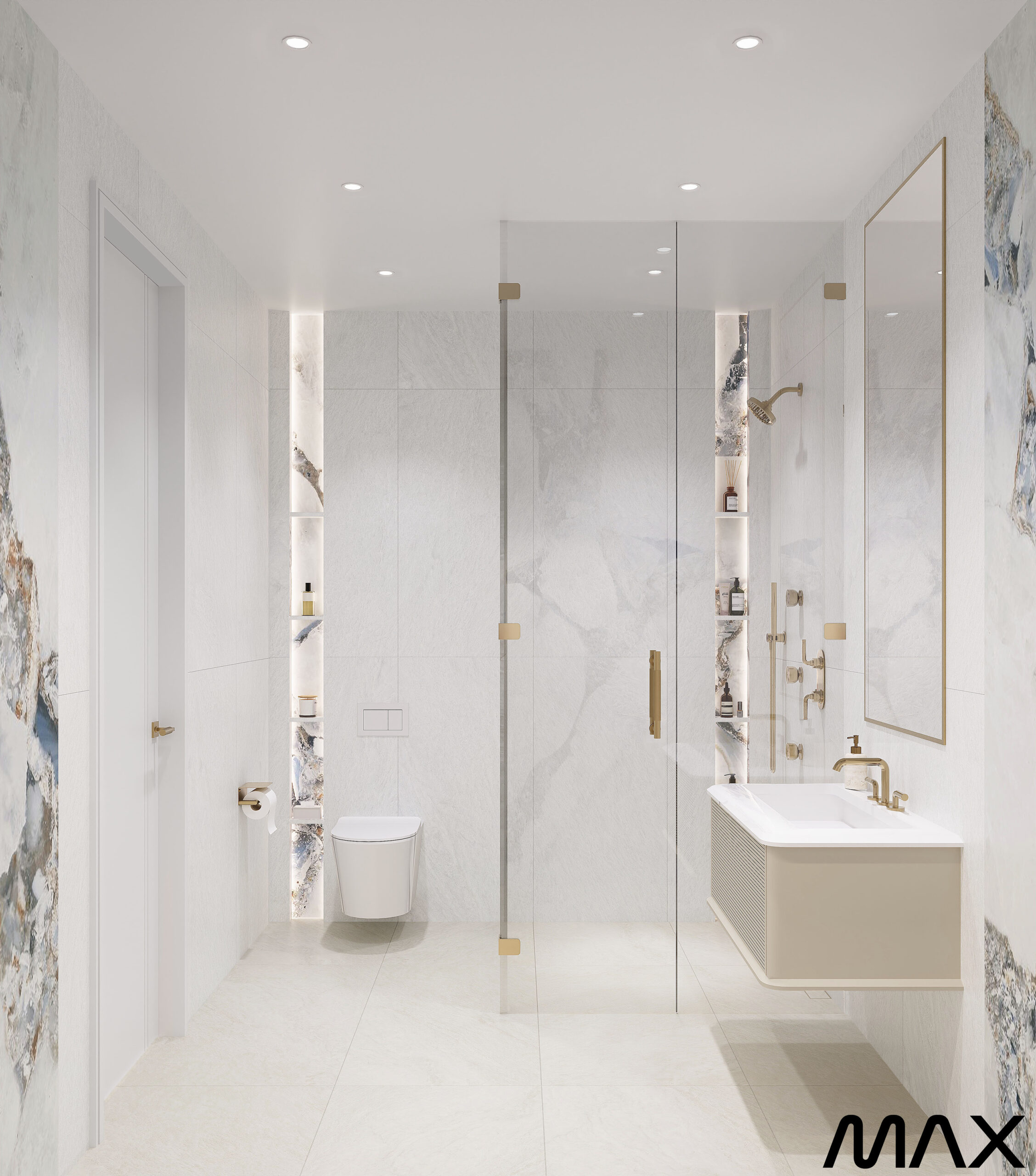 Modern white bathroom with glass shower enclosure.