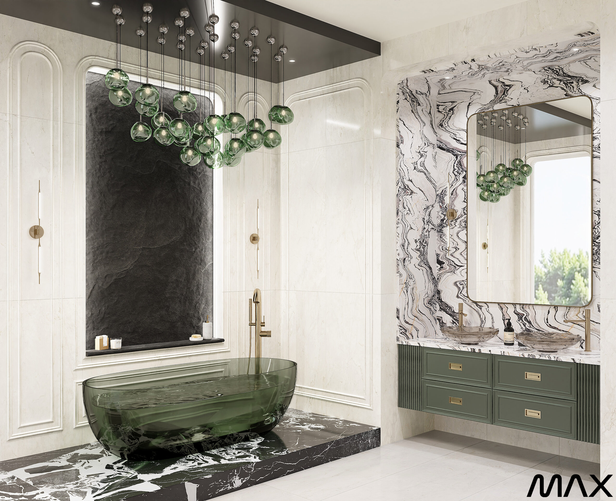 Luxurious bathroom with green glass bathtub.