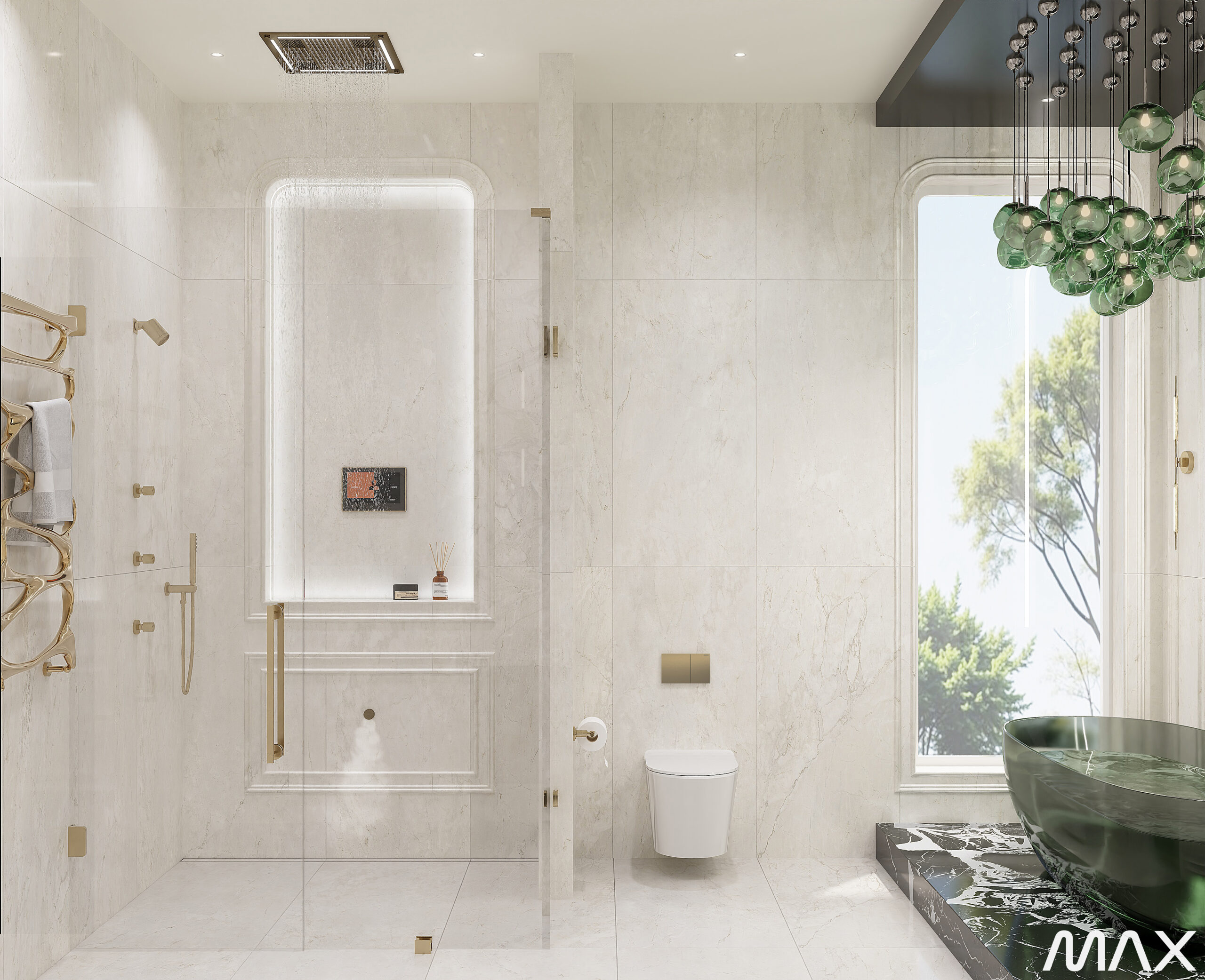Luxurious bathroom with marble and gold accents.