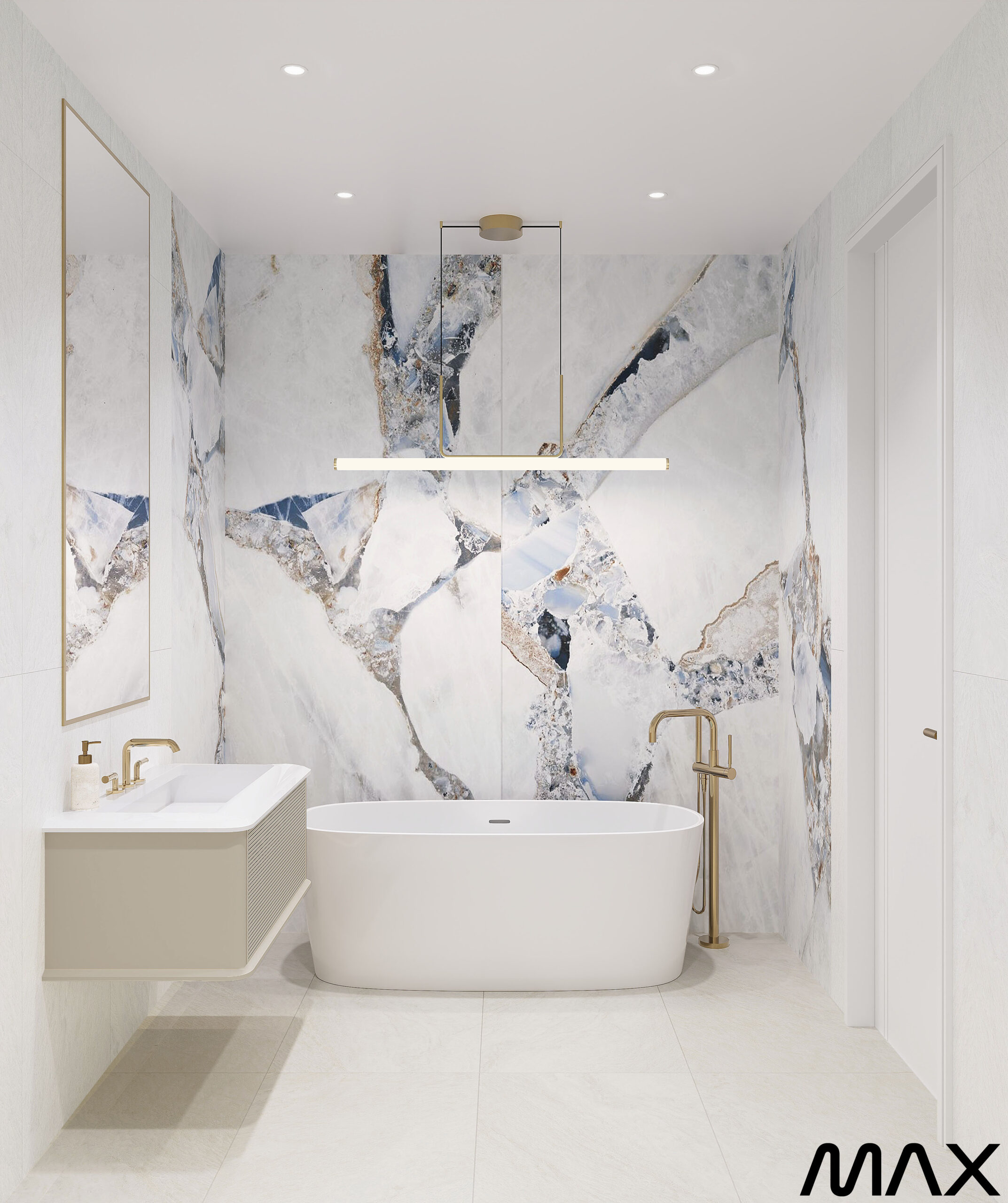Modern bathroom with marble wall and bathtub.