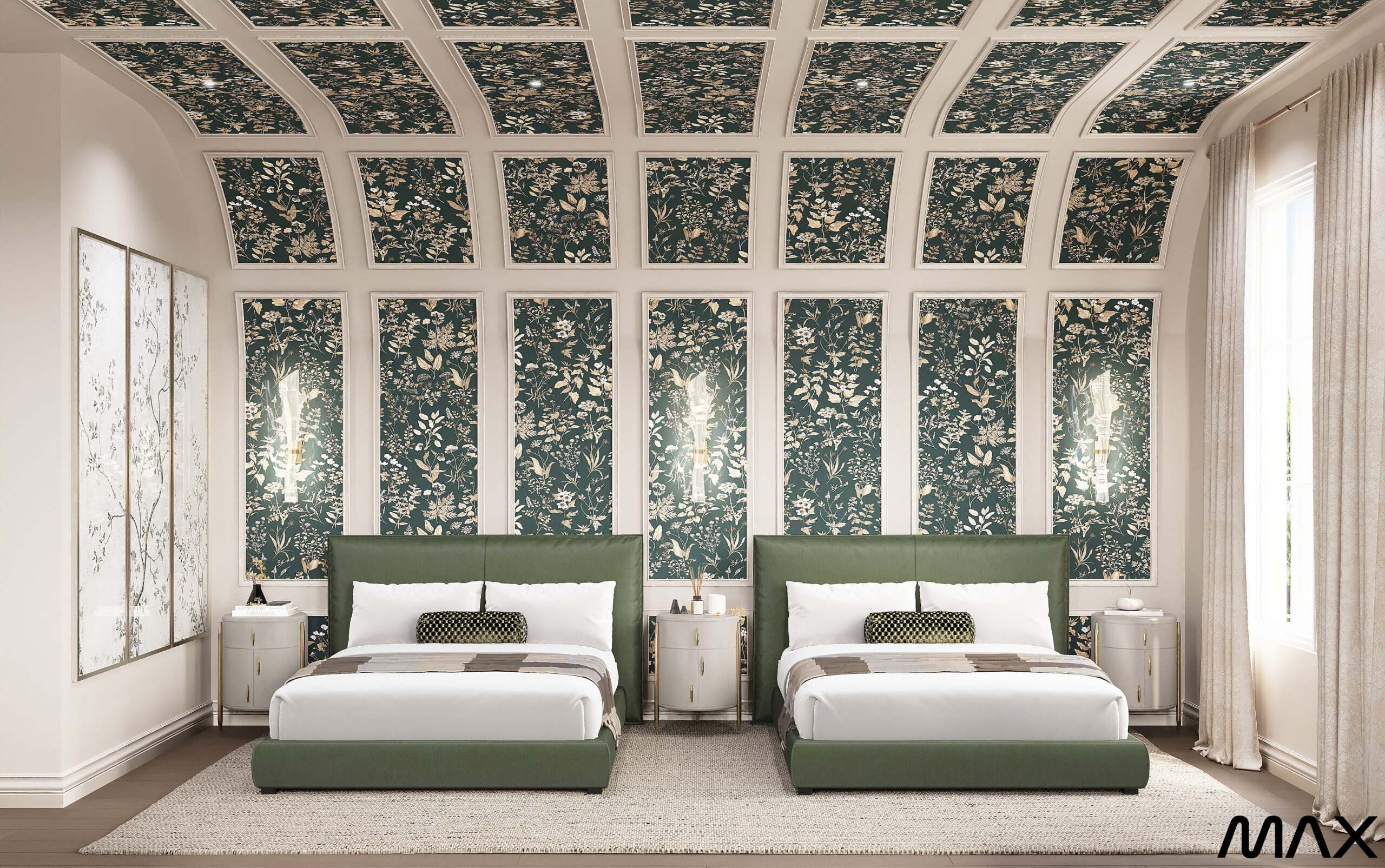 Elegant bedroom with floral wallpaper ceiling.