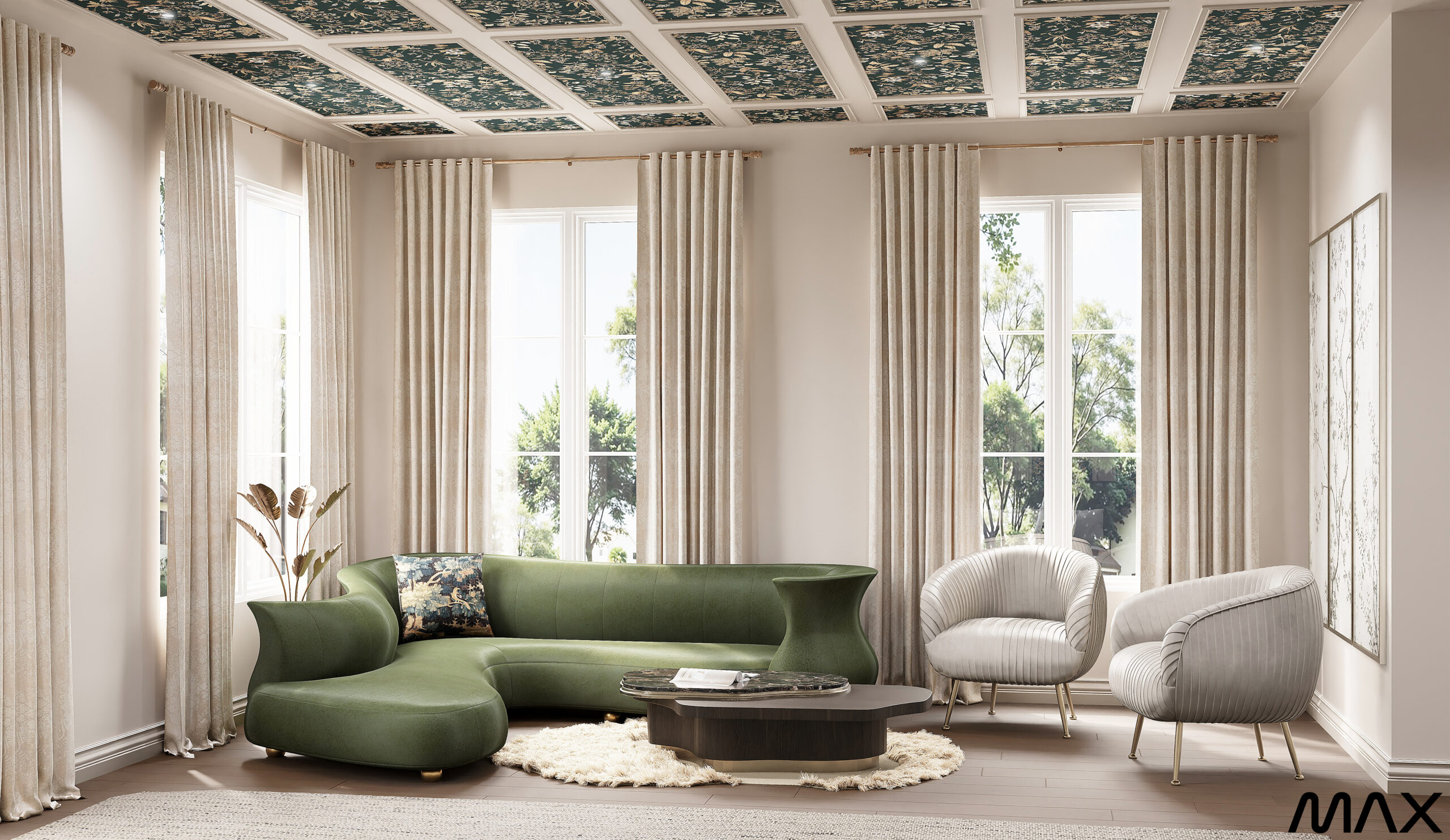 Modern living room with green sofa.