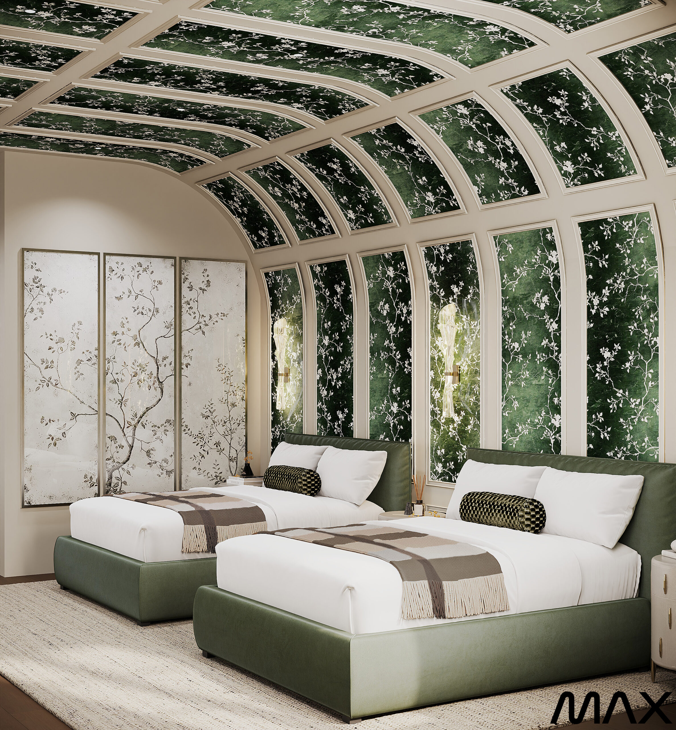 Luxury bedroom with arched, floral ceiling design.