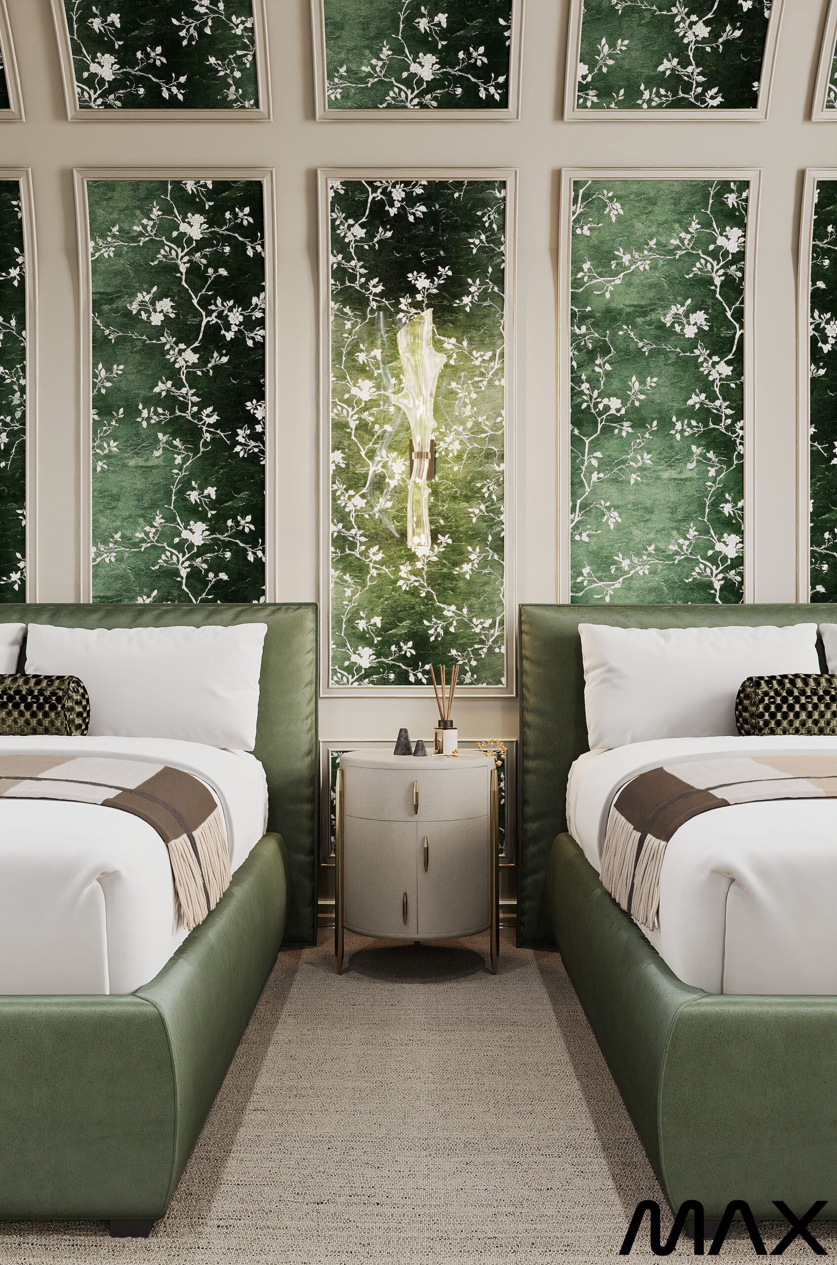 Two beds with green floral wallpaper.