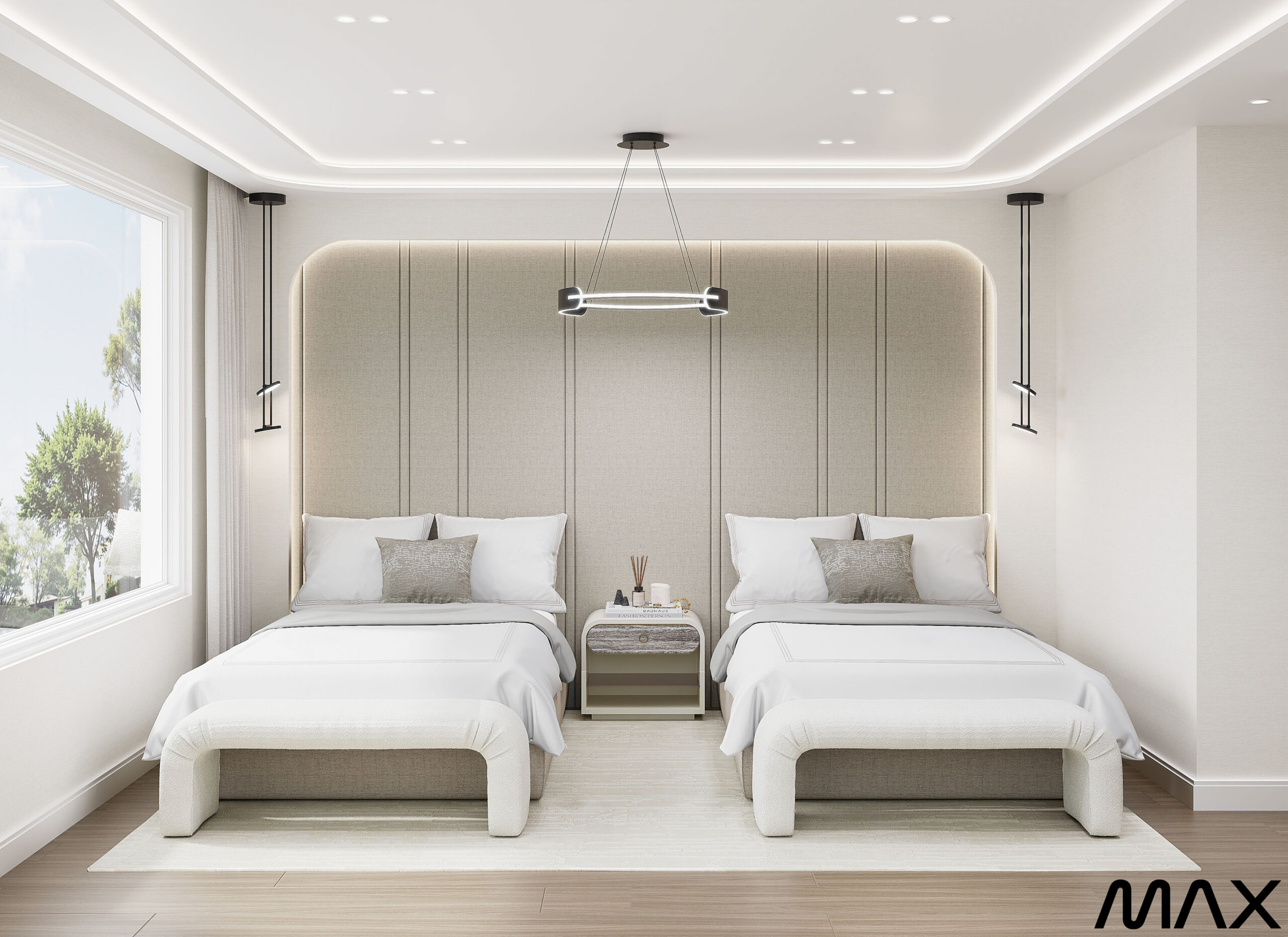 Modern bedroom with two beds and lighting.