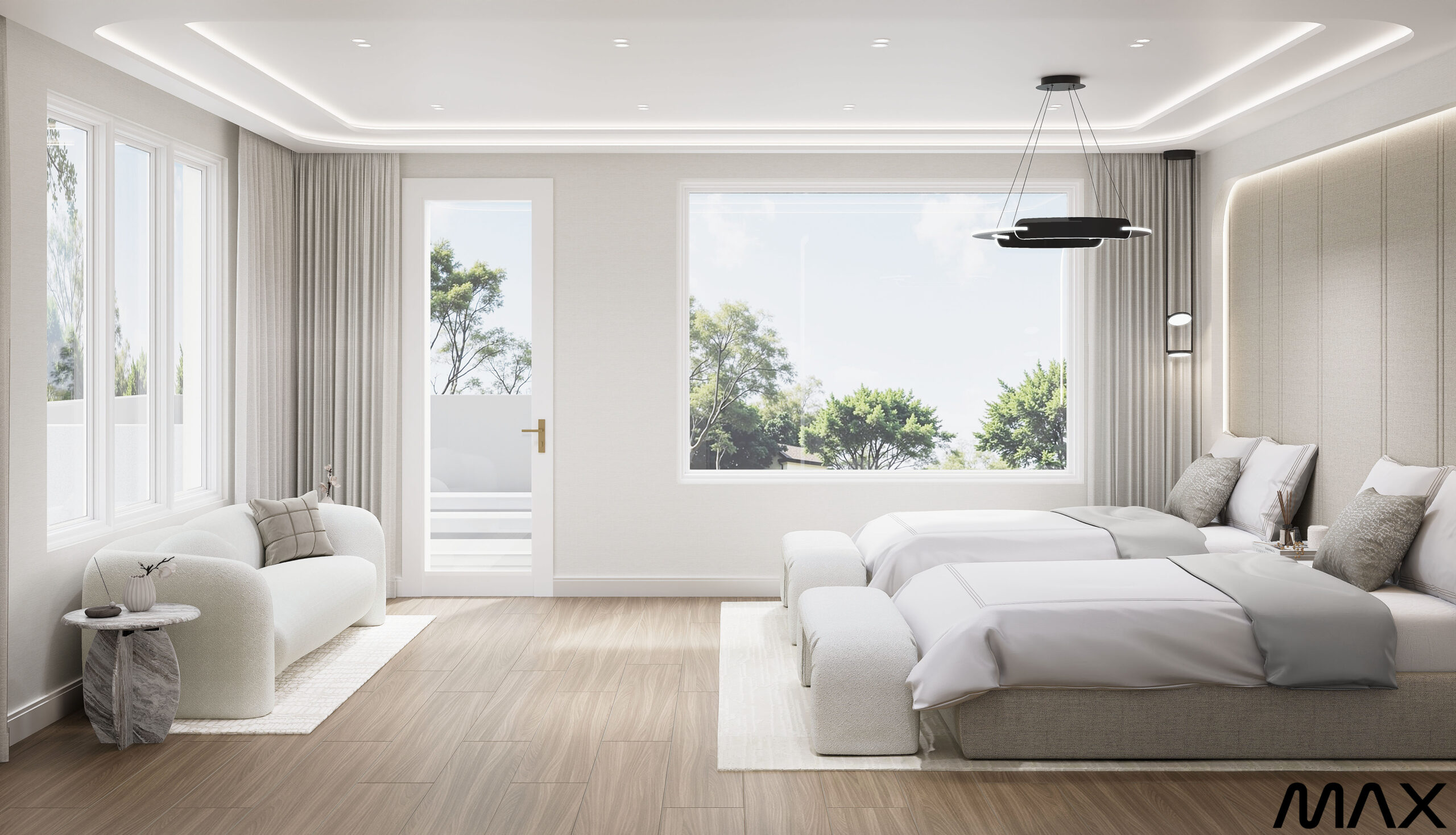 Modern minimalist bedroom with large window view.