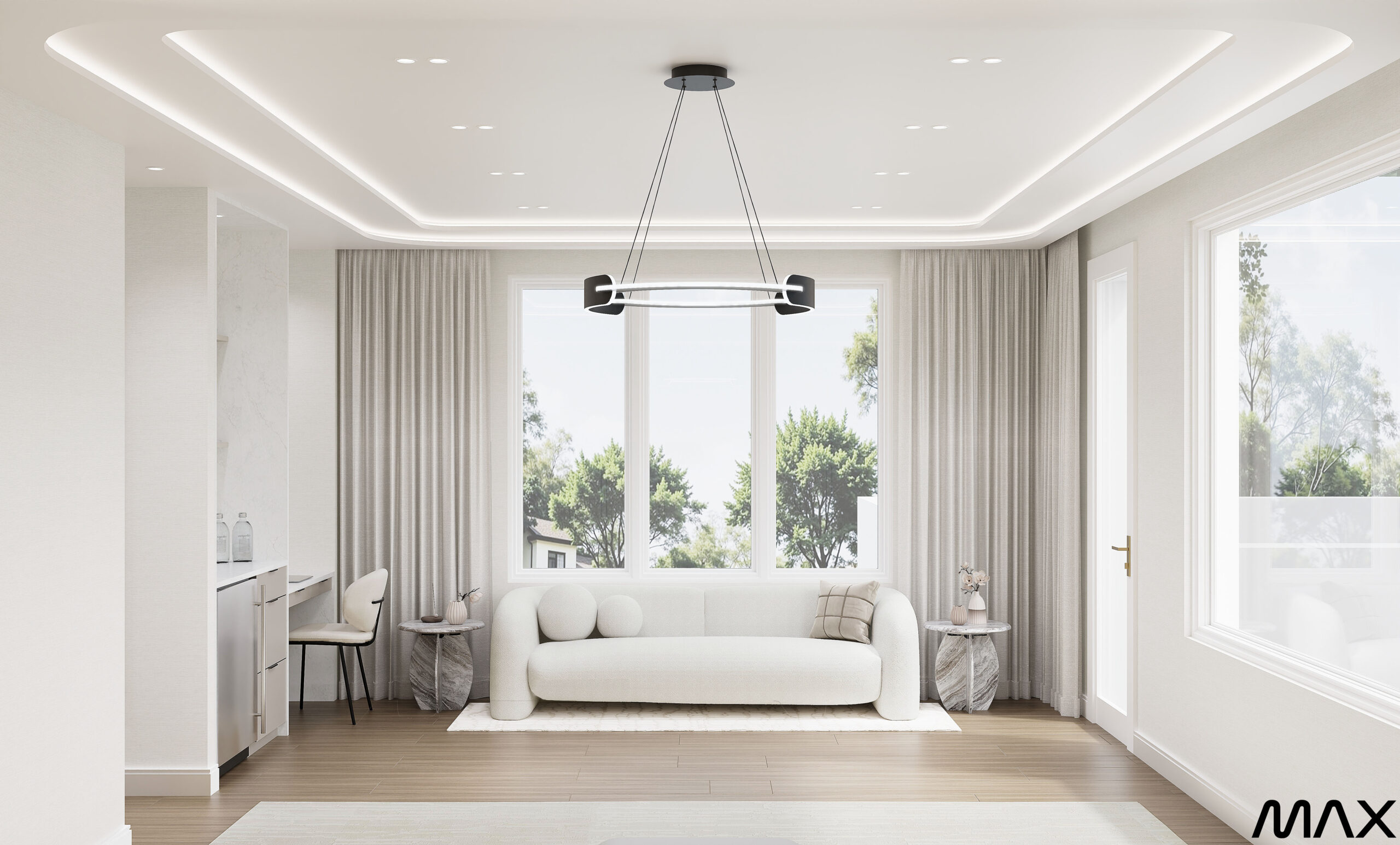 Minimalist living room with modern chandelier.