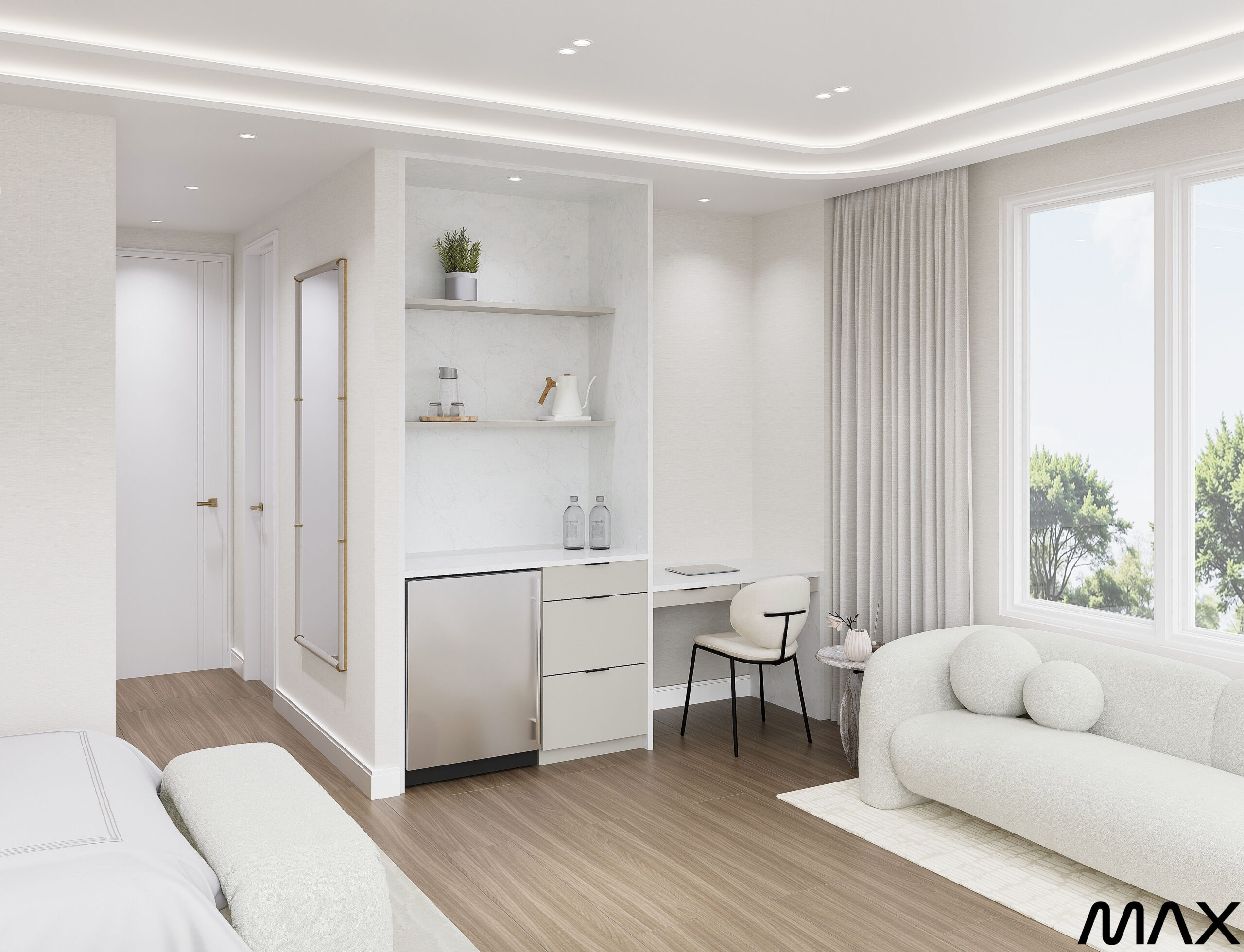Modern minimalist bedroom with desk and shelves.