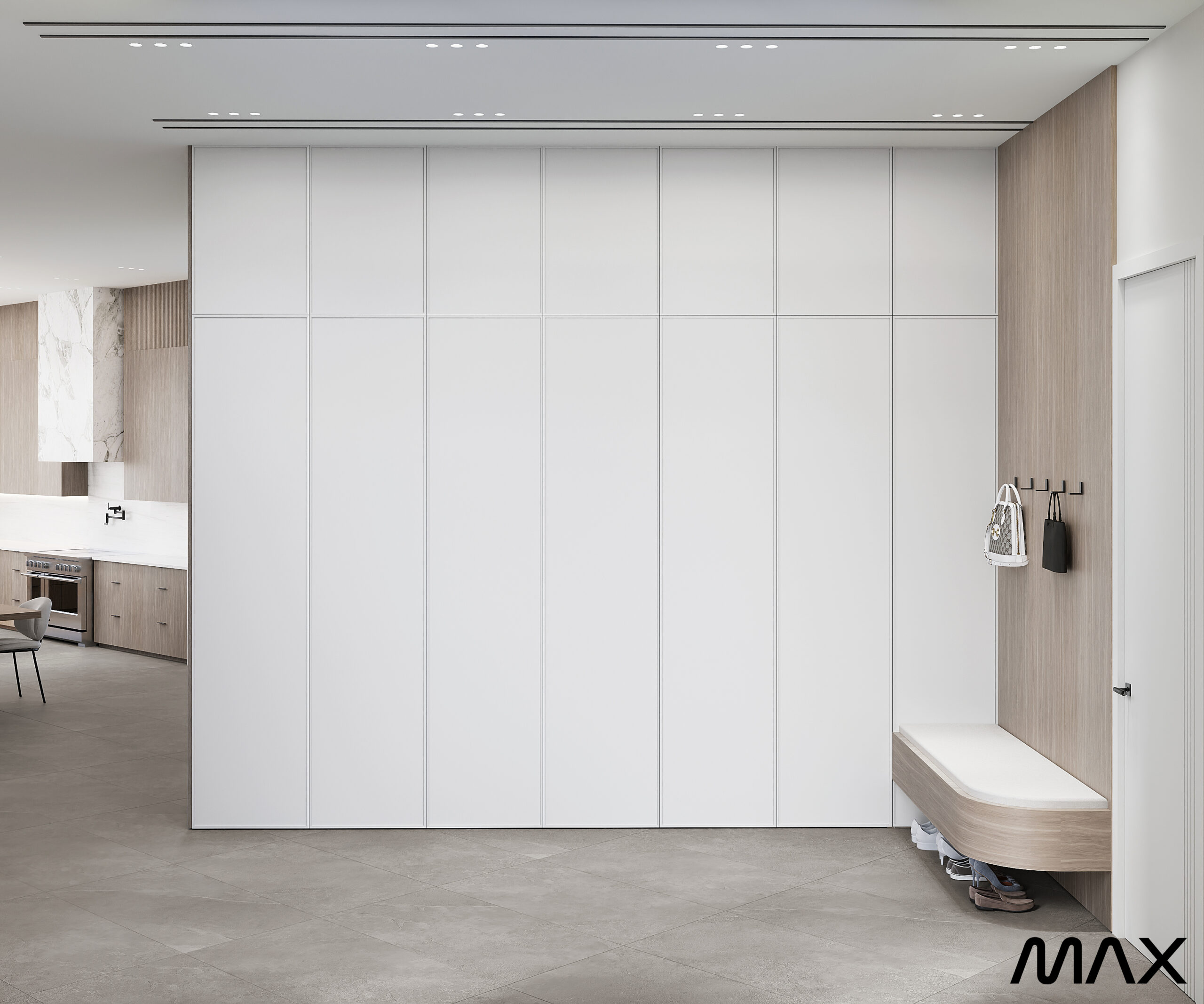 Modern minimalist hallway with white cabinets.