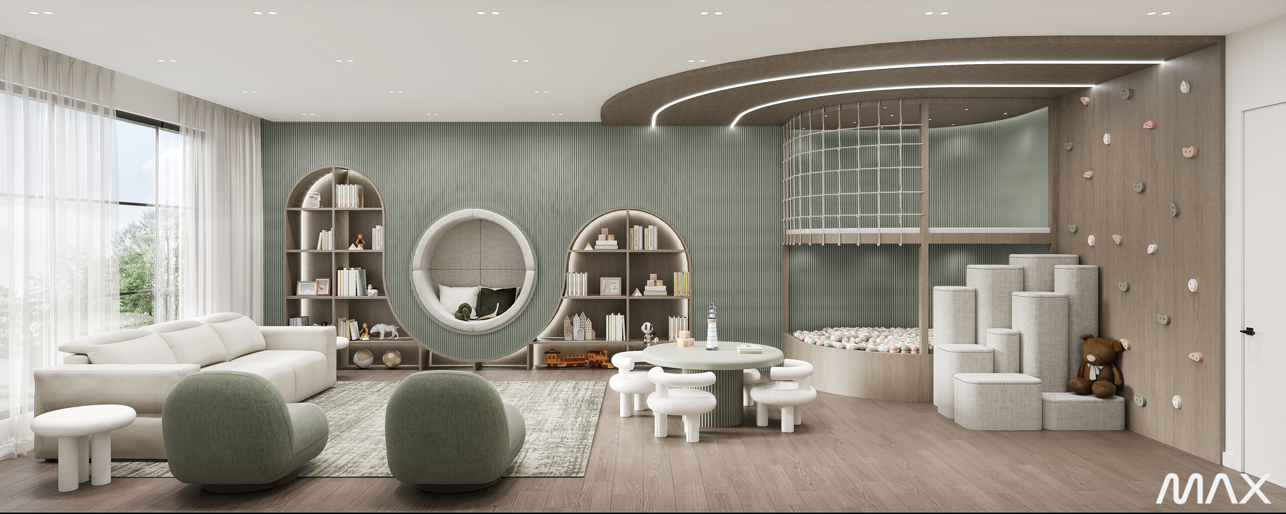 Modern children's playroom with playful furniture.