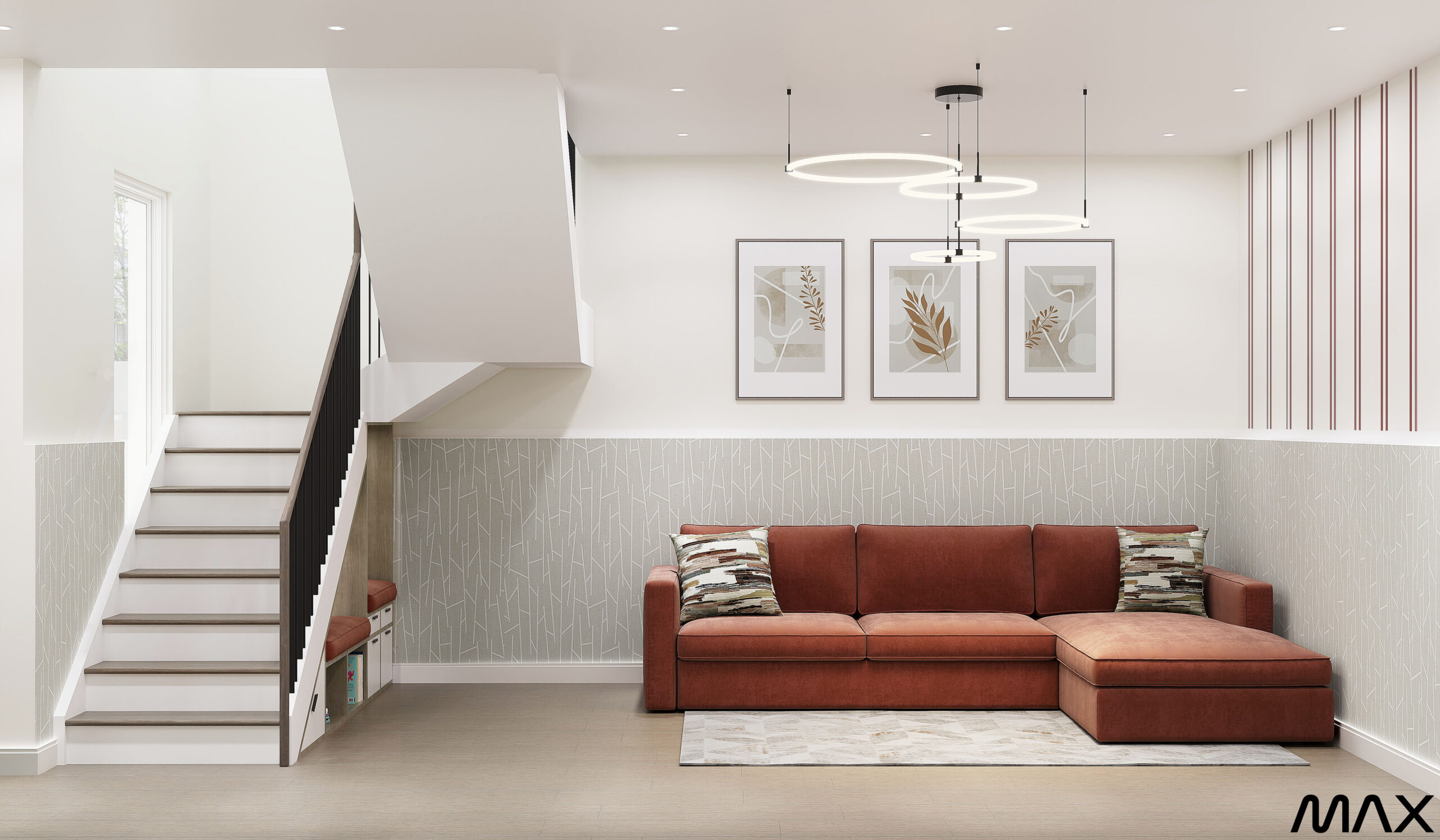 Modern living room with red sectional sofa.