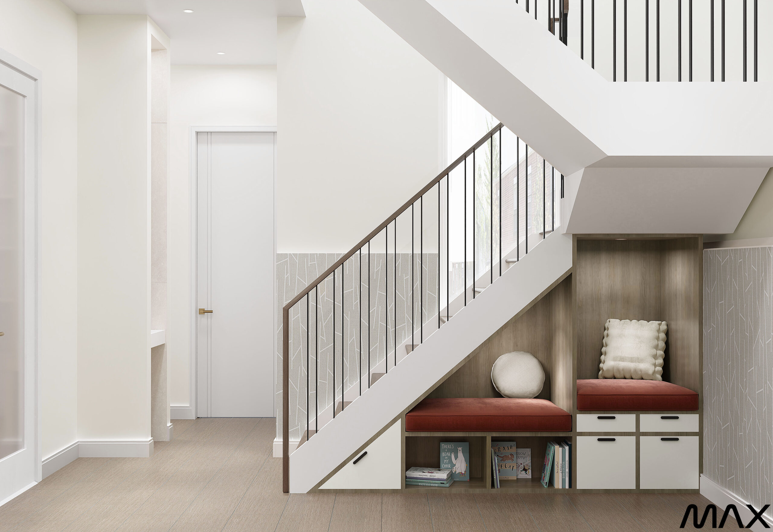 Modern staircase with under-stair seating area.